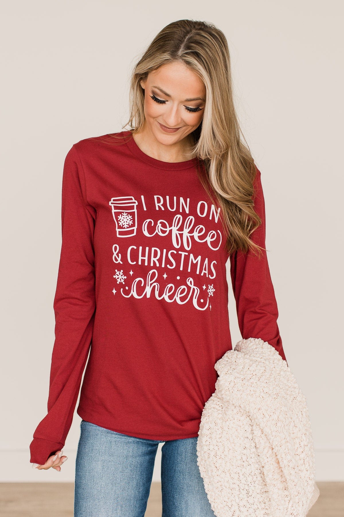 "I Run On Coffee & Christmas Cheer" Graphic Top- Dark Red - Image 3