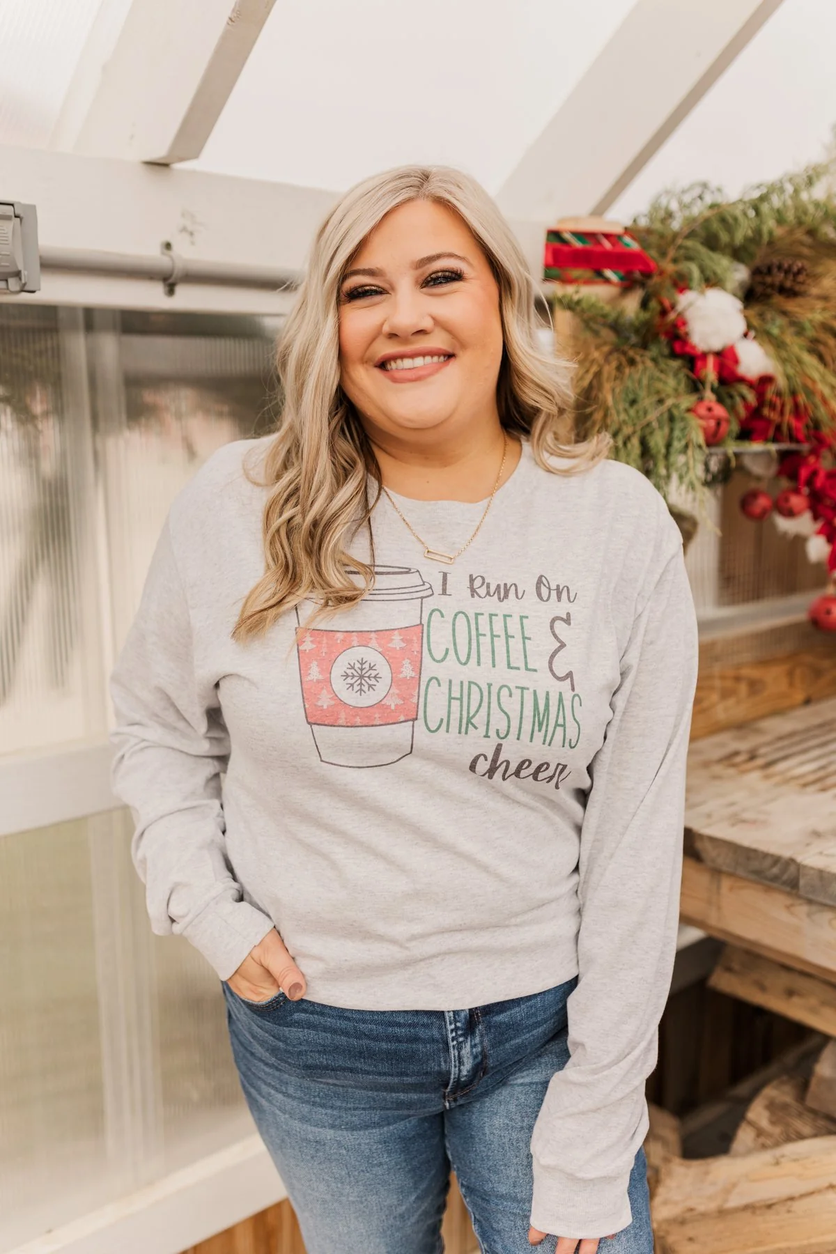 "I Run On Coffee & Christmas Cheer" Graphic Top- Grey - Image 4