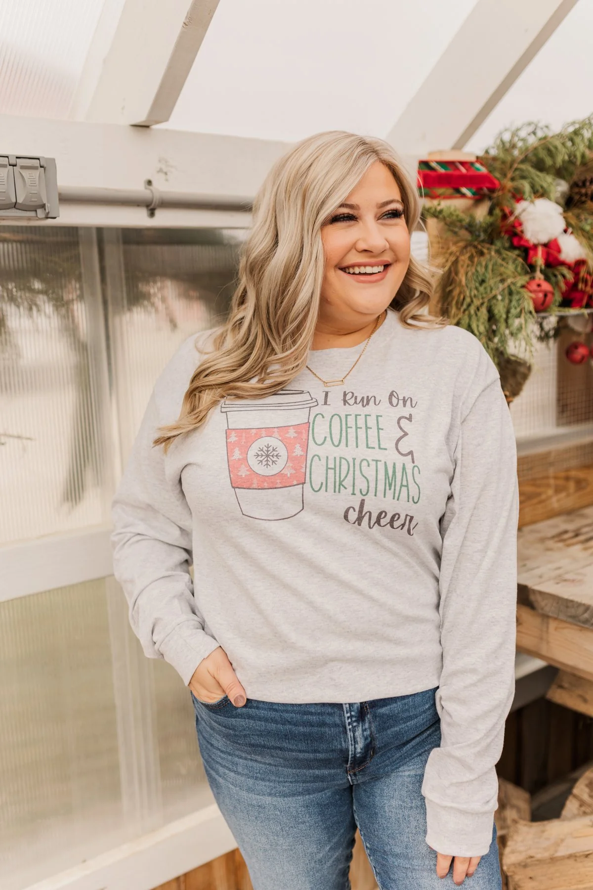 "I Run On Coffee & Christmas Cheer" Graphic Top- Grey - Image 7