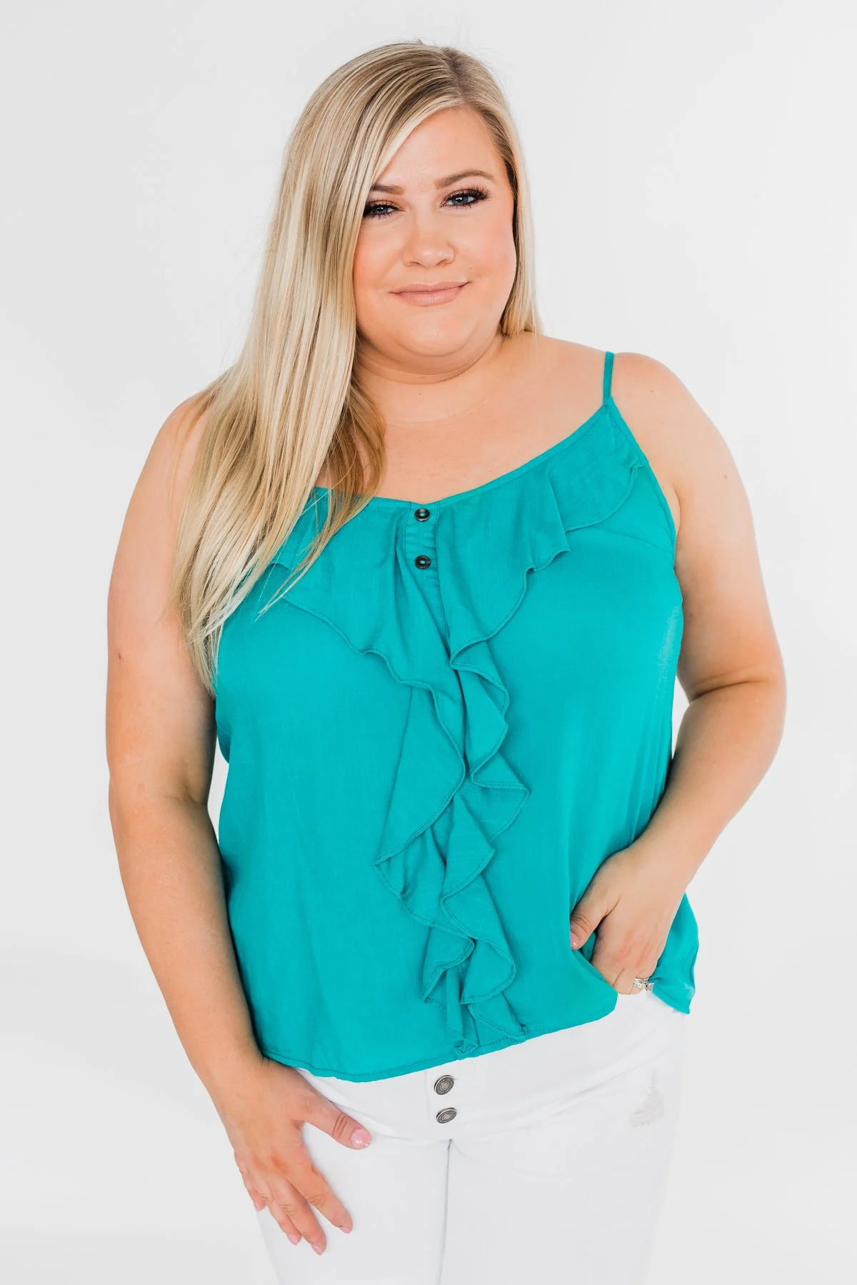 Ideal Situation Ruffle Tank Top- Turquoise - Image 4