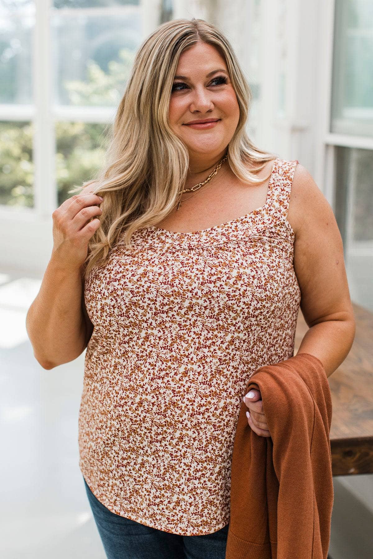 If You Want Floral Tank Top- Ivory & Rust - Image 4