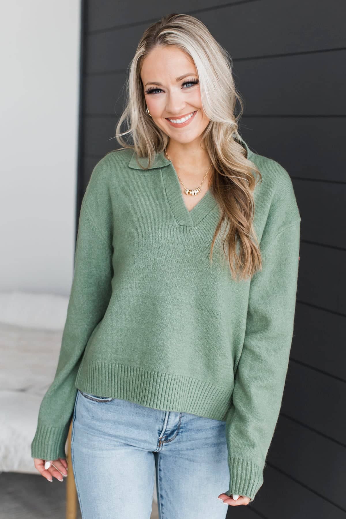 Ignite Passion Knit Polo Sweater- Sage Green - Image 3