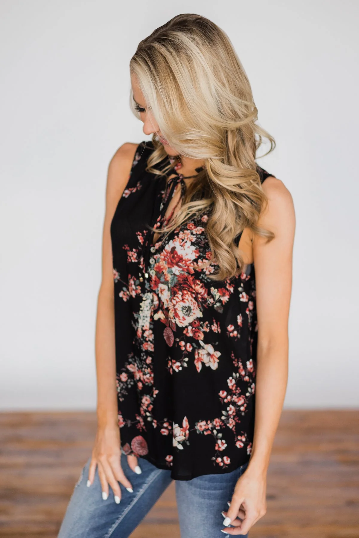 I'll Be There Floral Neck Tie Tank Top- Black - Image 5