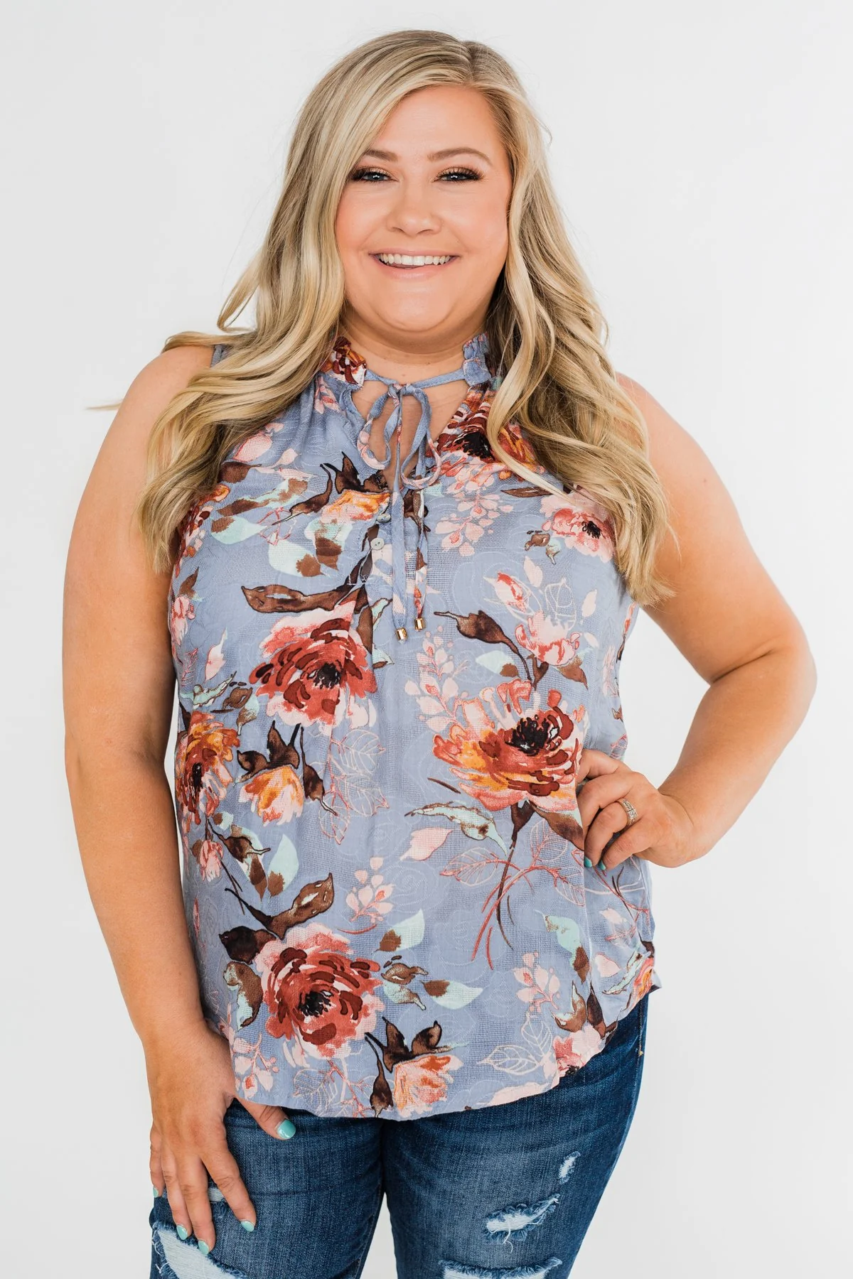 I'll Be There Floral Neck Tie Tank Top- Light Steel Blue - Image 10