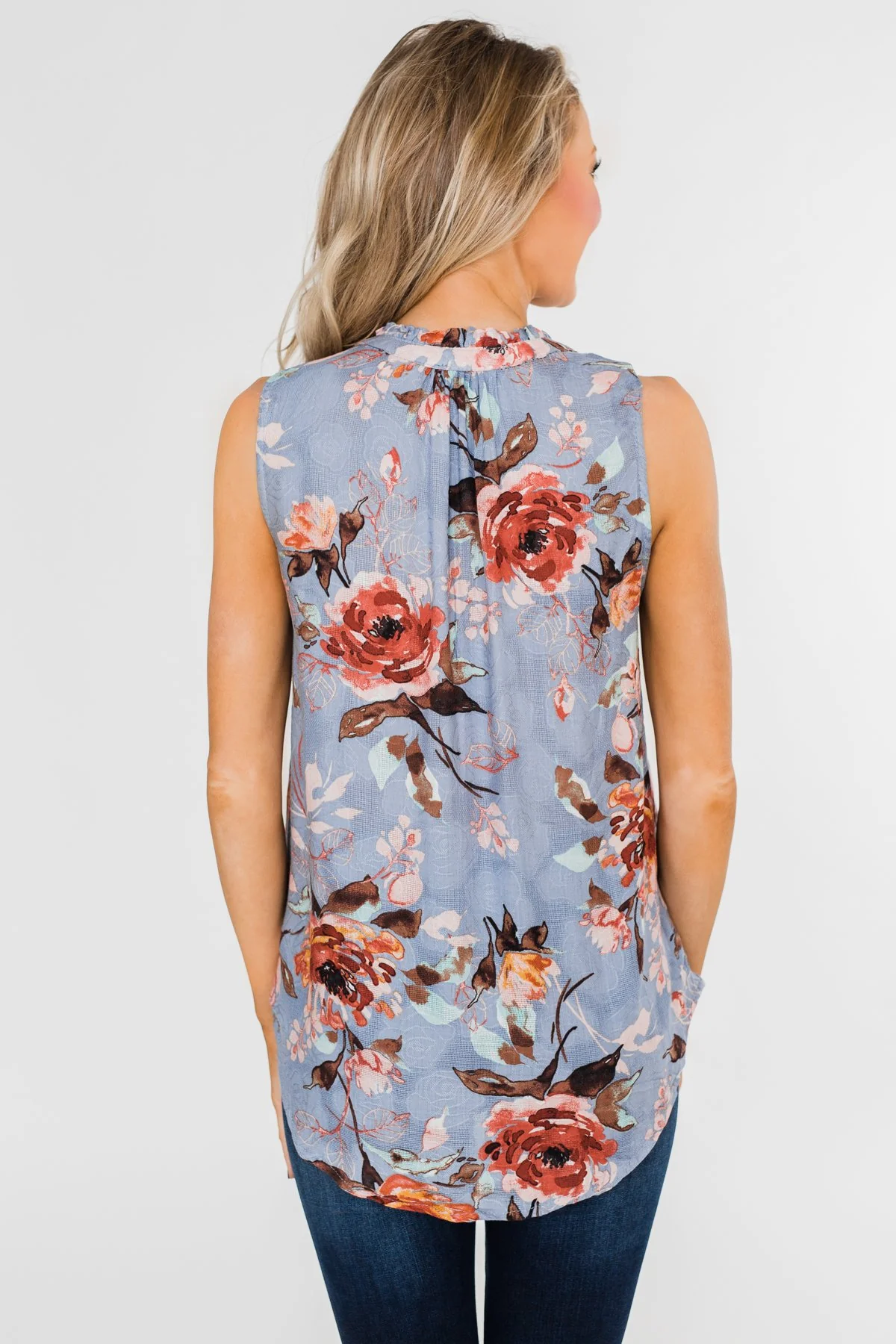 I'll Be There Floral Neck Tie Tank Top- Light Steel Blue - Image 13