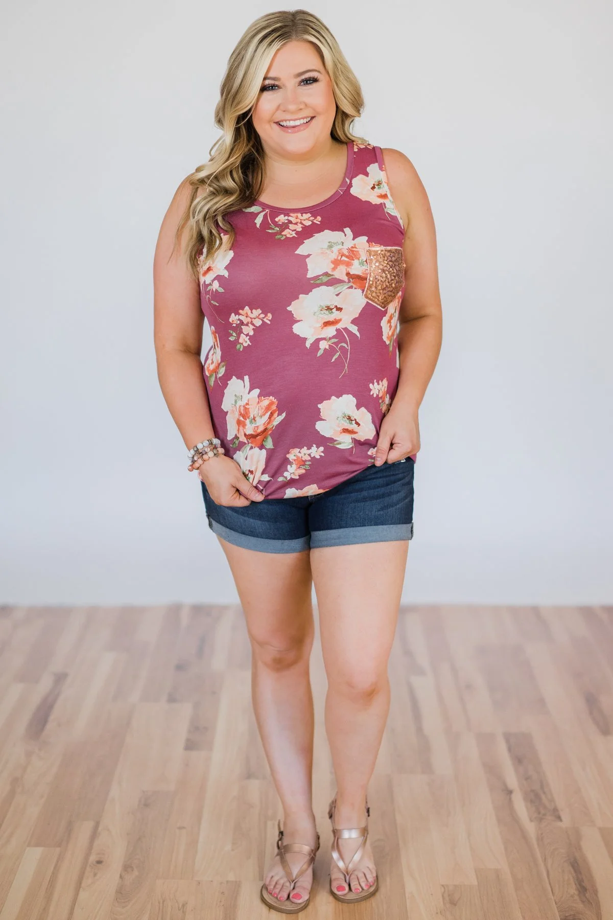 I'm All Yours Floral Glam Pocket Tank Top- Berry - Image 6