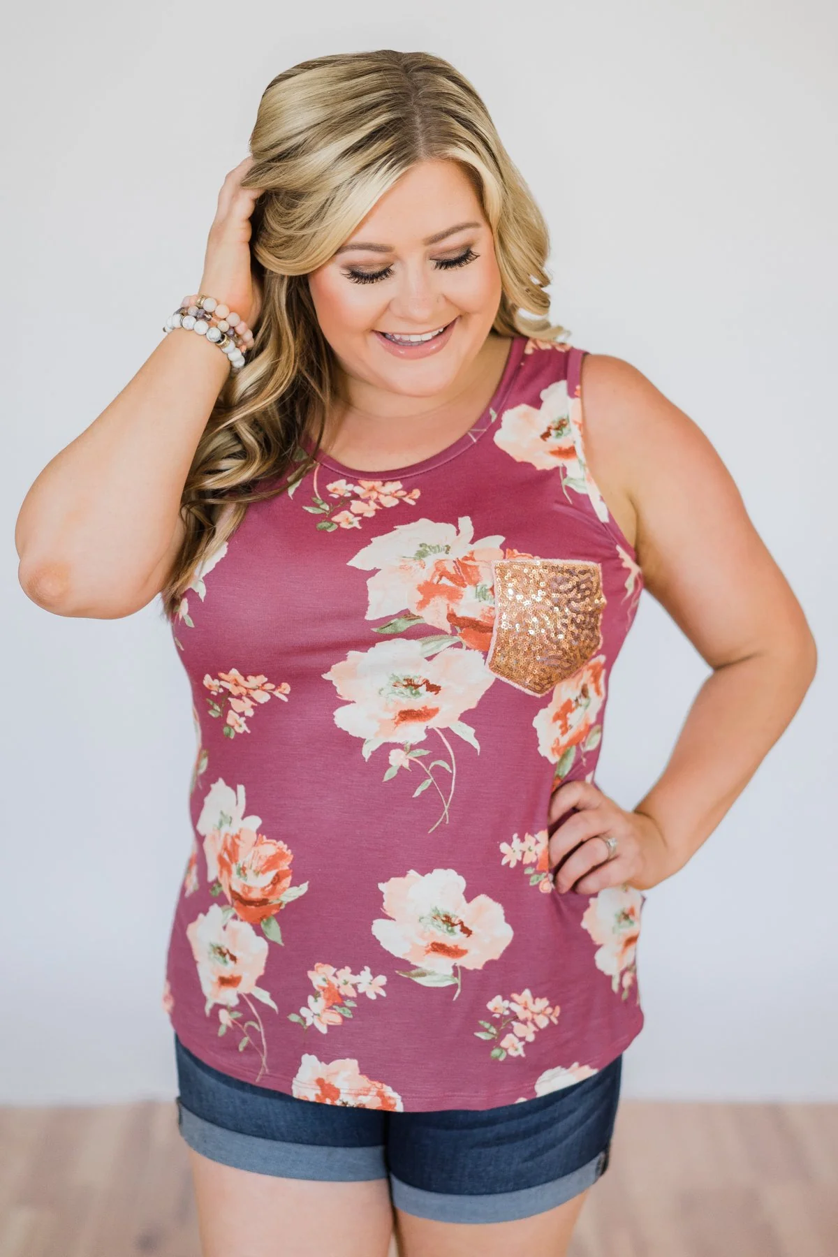 I'm All Yours Floral Glam Pocket Tank Top- Berry - Image 7