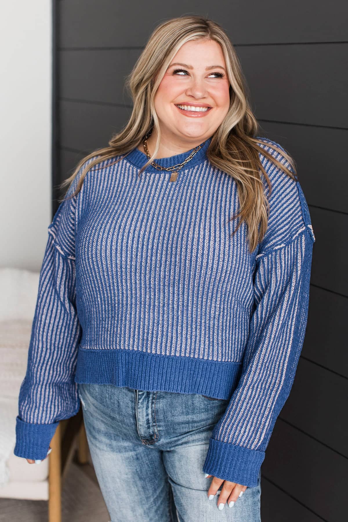 Imagine Us Together Two-Tone Knit Sweater- Royal Blue