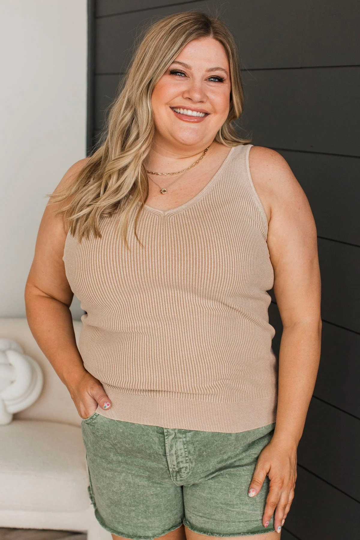 Immensely Cute Ribbed Tank Top- Oatmeal - Image 3