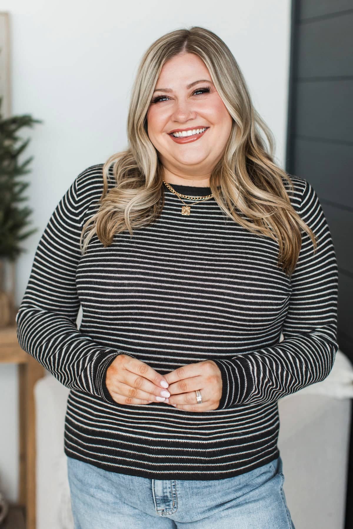 Important Lessons Striped Knit Sweater- Black - Image 2
