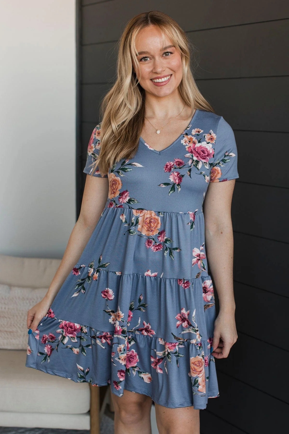 Important Things In Life Floral Dress- Denim Blue - Image 3