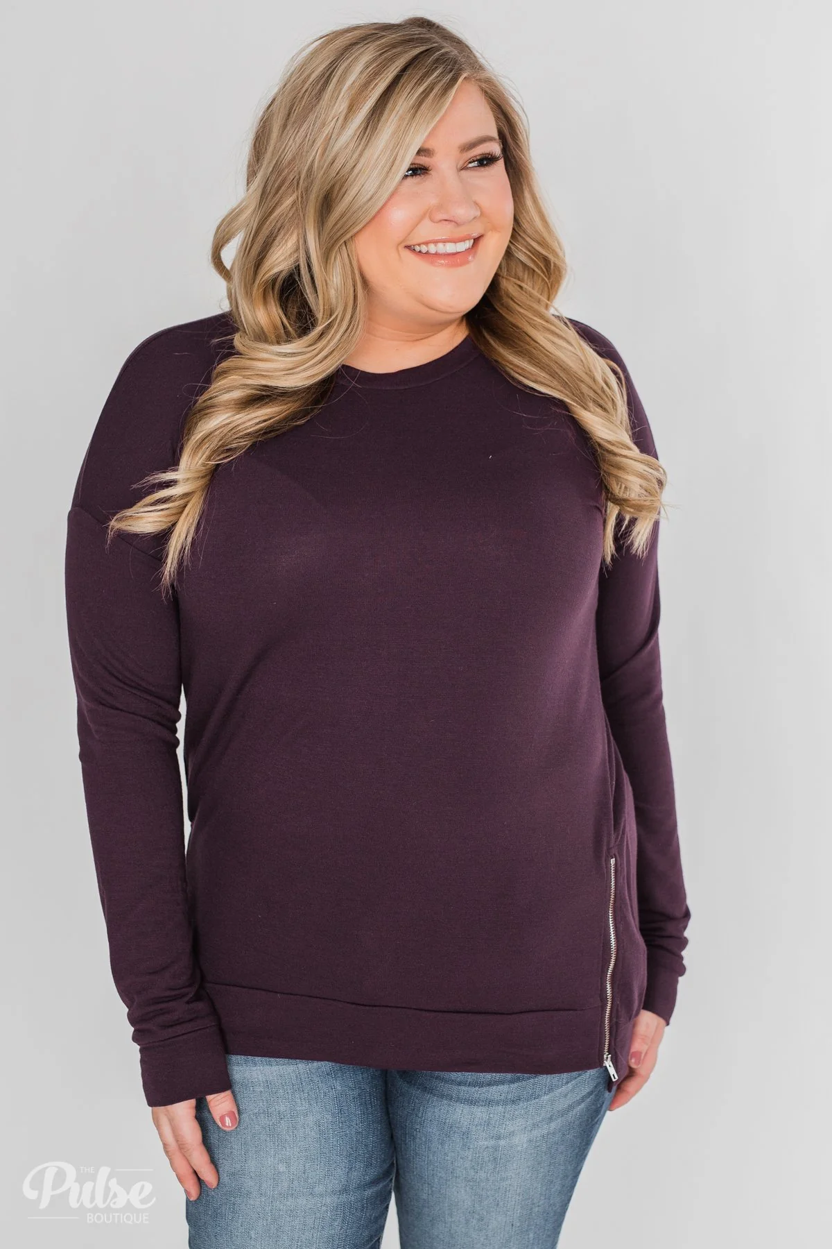 Impress Me Long Sleeve Zipper Top- Eggplant - Image 2