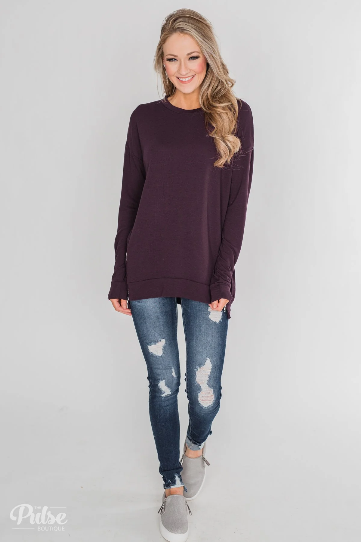 Impress Me Long Sleeve Zipper Top- Eggplant - Image 4