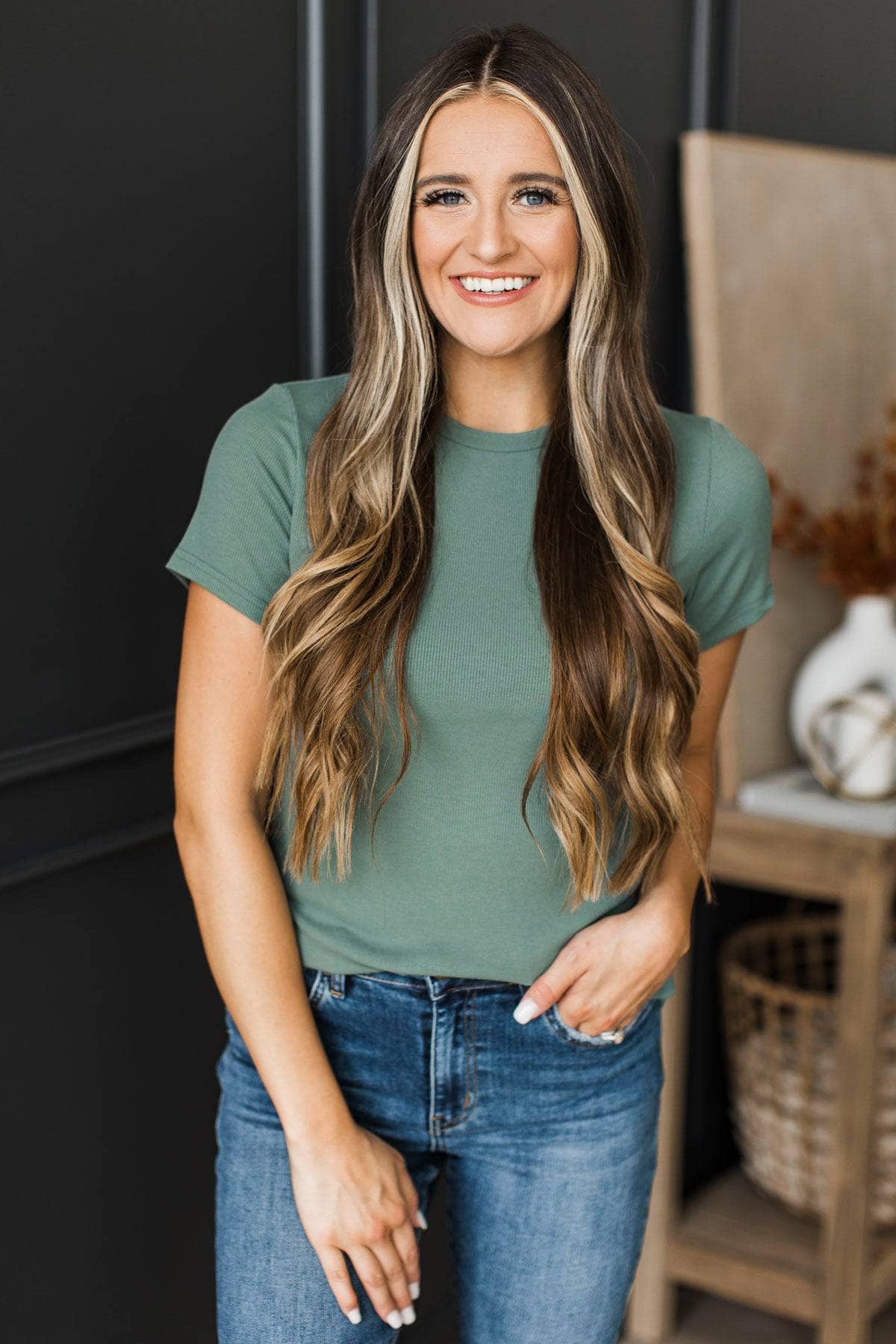 Impressing You Short Sleeve Ribbed Top- Dusty Teal