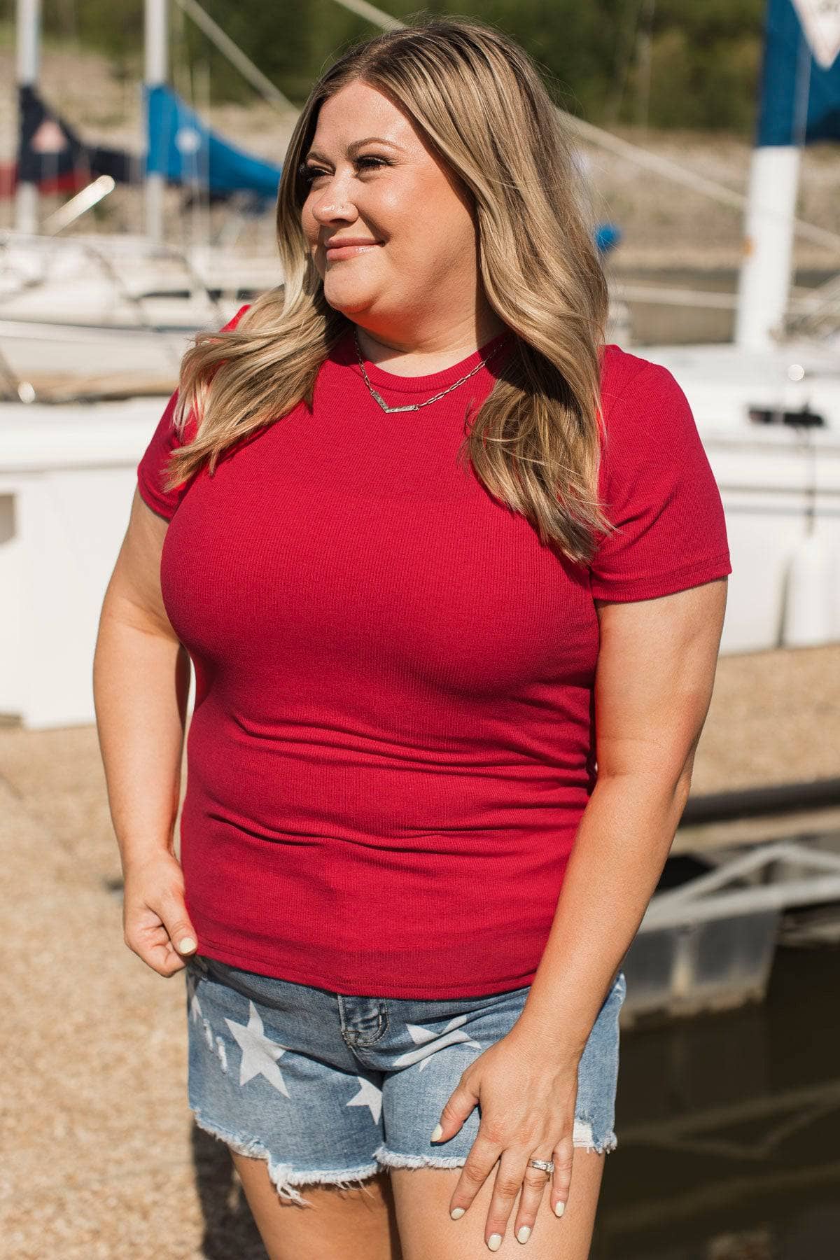 Impressing You Short Sleeve Ribbed Top- Red - Image 4
