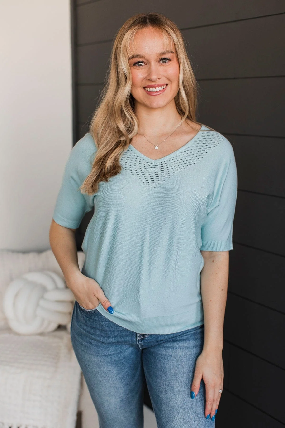 Impressive Charm V-Neck Knit Top- Soft Aqua - Image 3