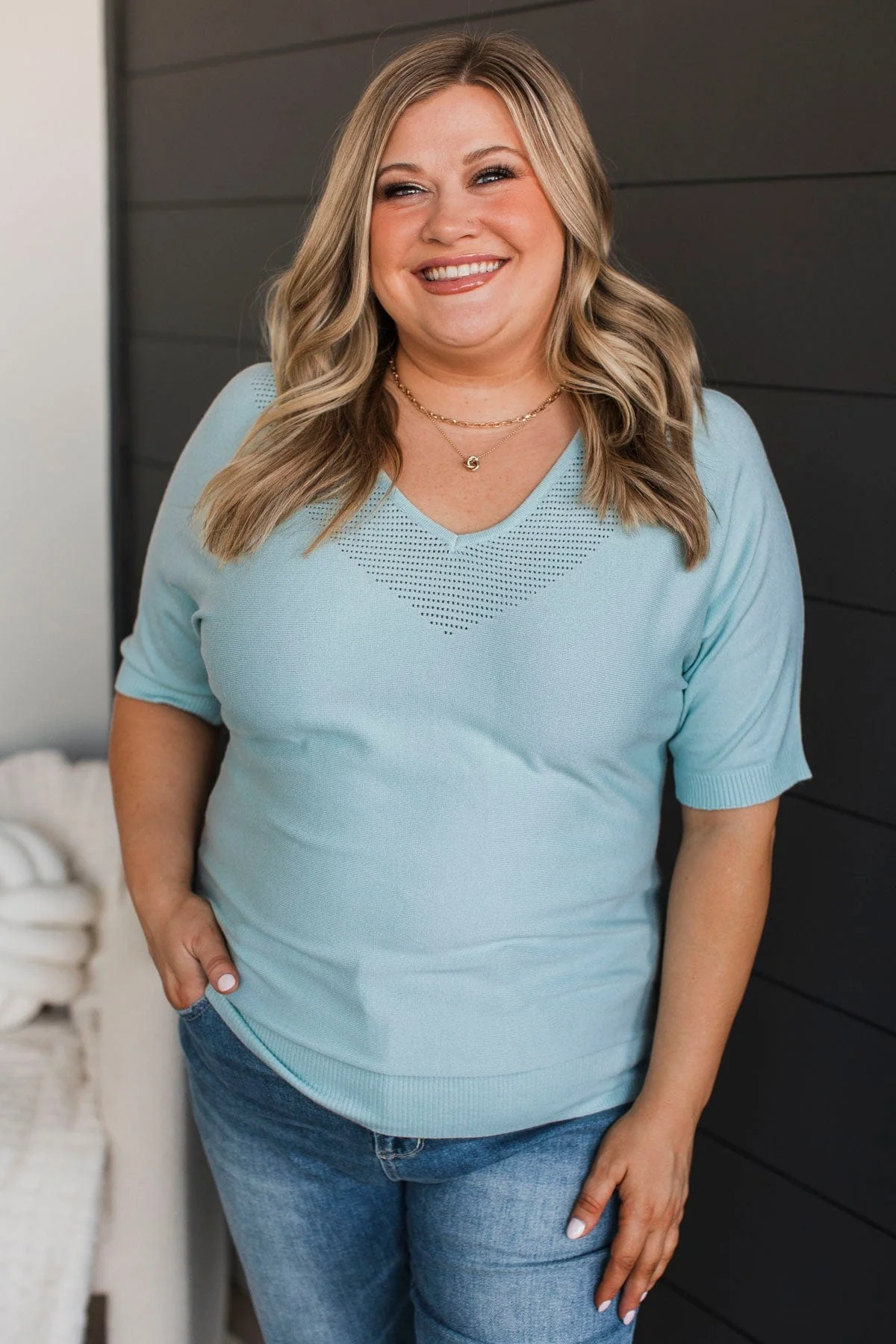 Impressive Charm V-Neck Knit Top- Soft Aqua - Image 4