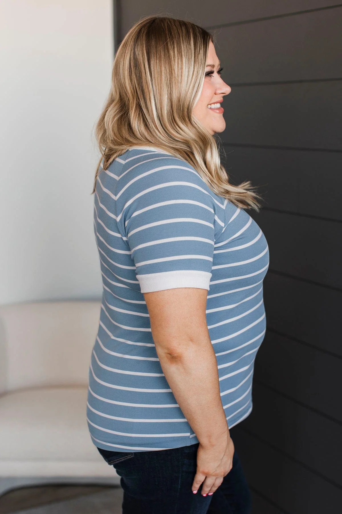 Impressive Encounters Striped Top- Denim Blue - Image 5