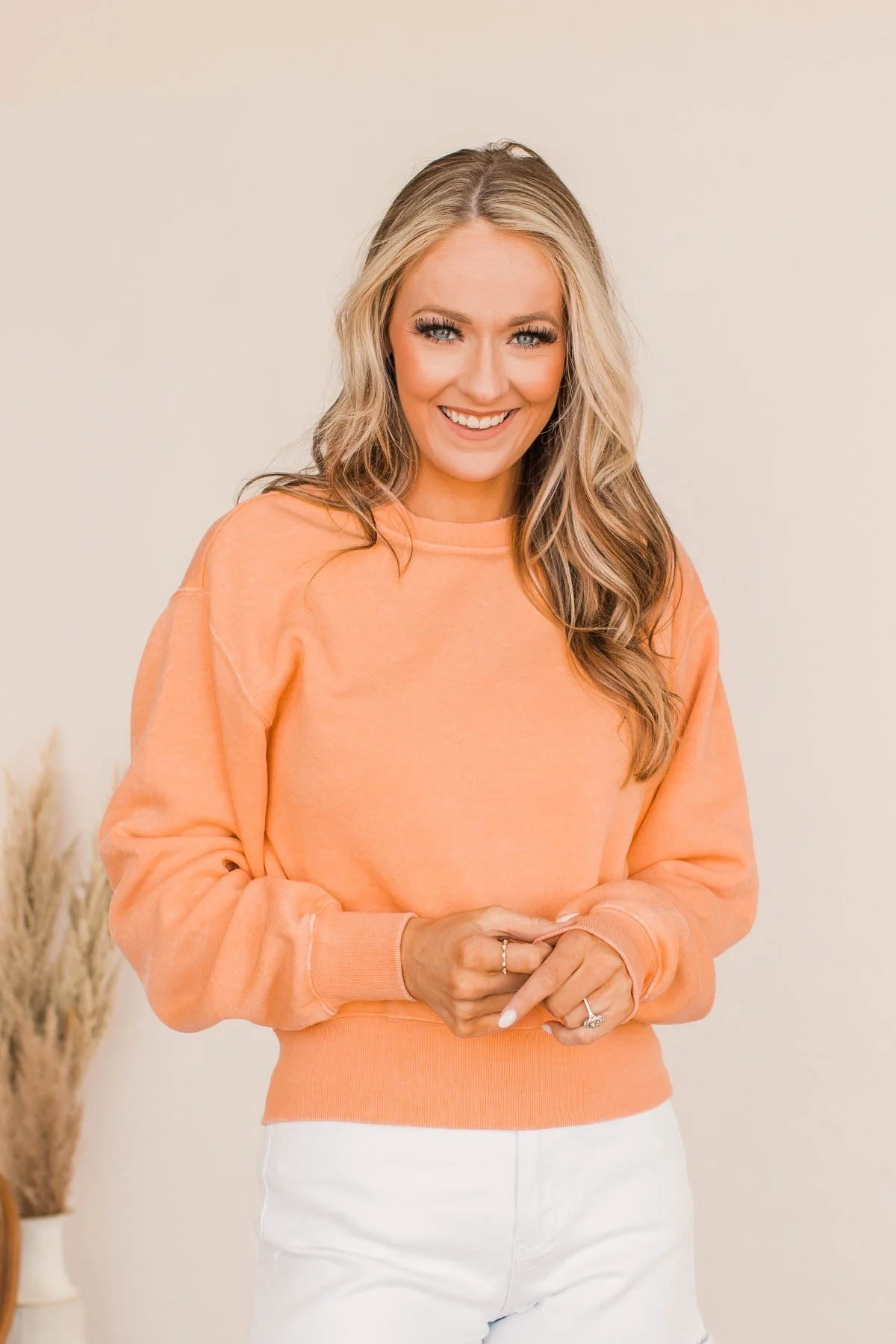 Improve Myself Cropped Crew Neck Pullover- Soft Orange - Image 2
