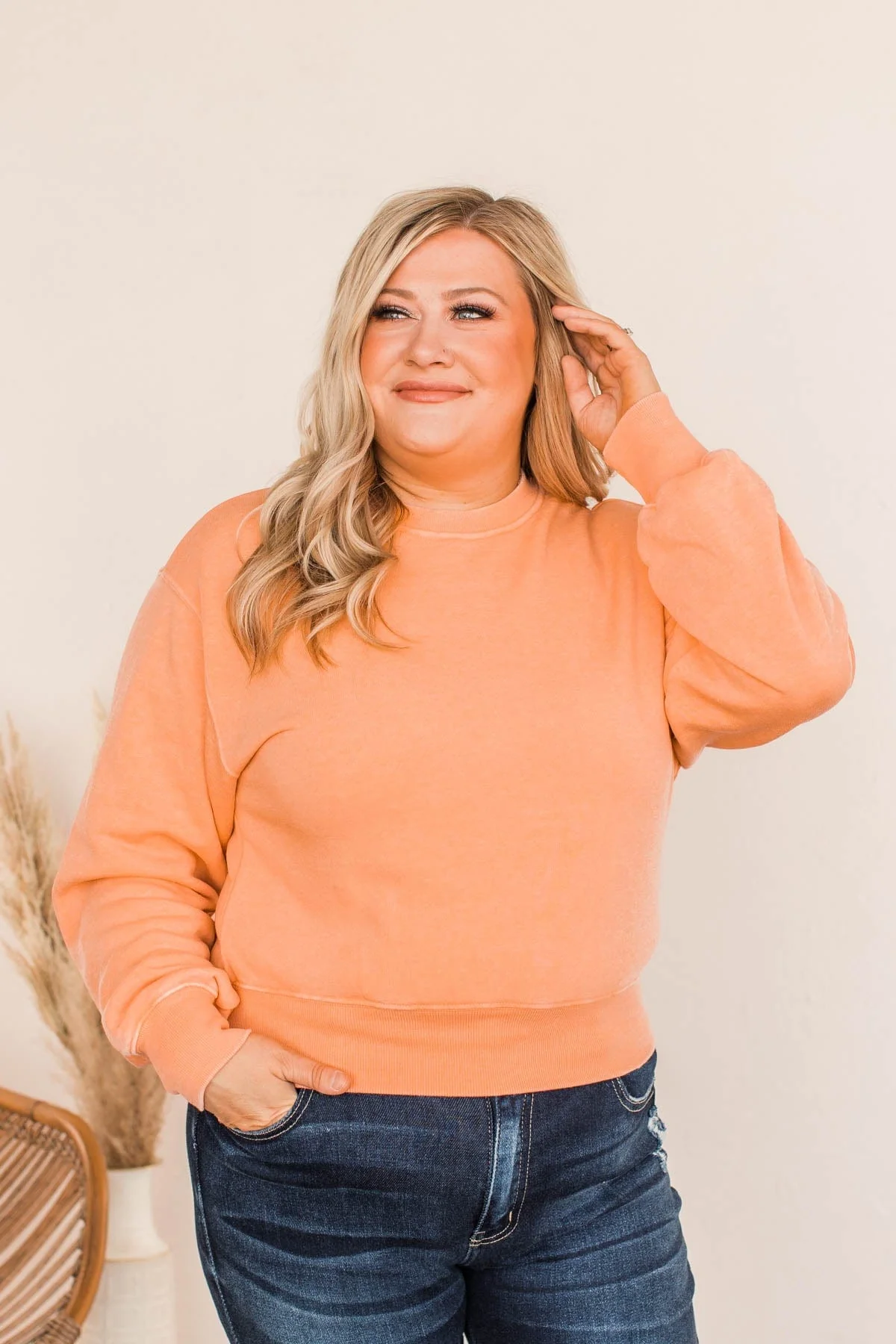 Improve Myself Cropped Crew Neck Pullover- Soft Orange - Image 3