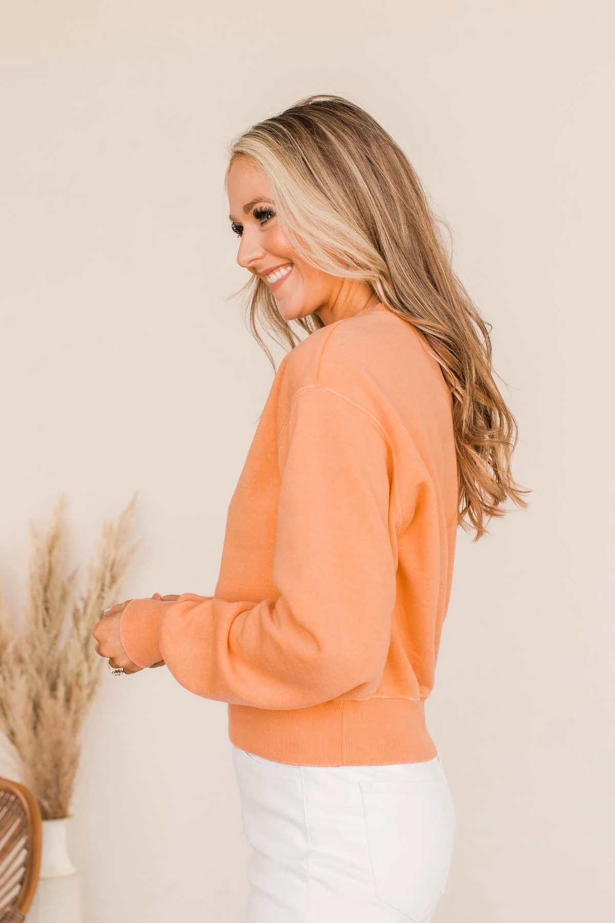 Improve Myself Cropped Crew Neck Pullover- Soft Orange - Image 7