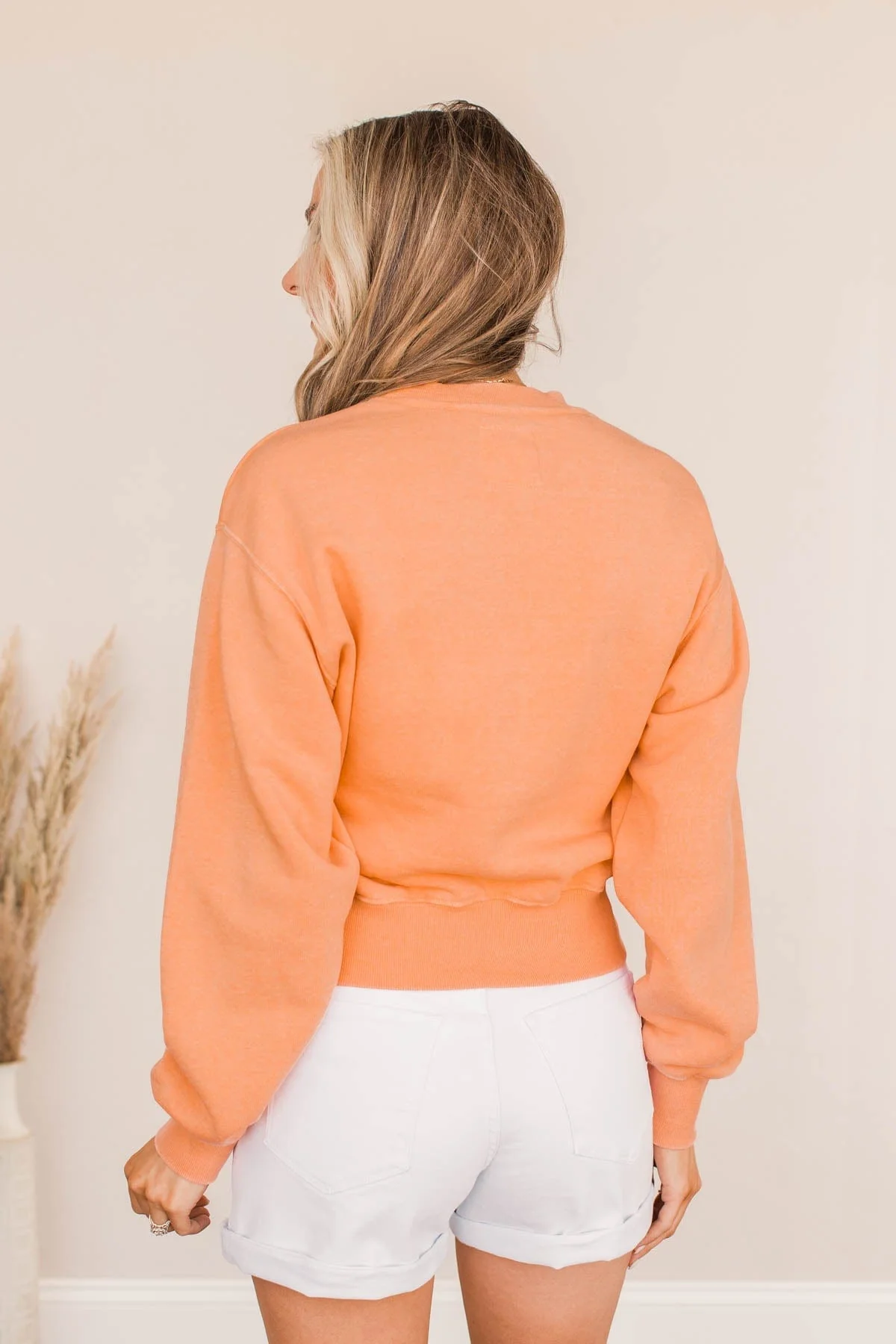 Improve Myself Cropped Crew Neck Pullover- Soft Orange - Image 8