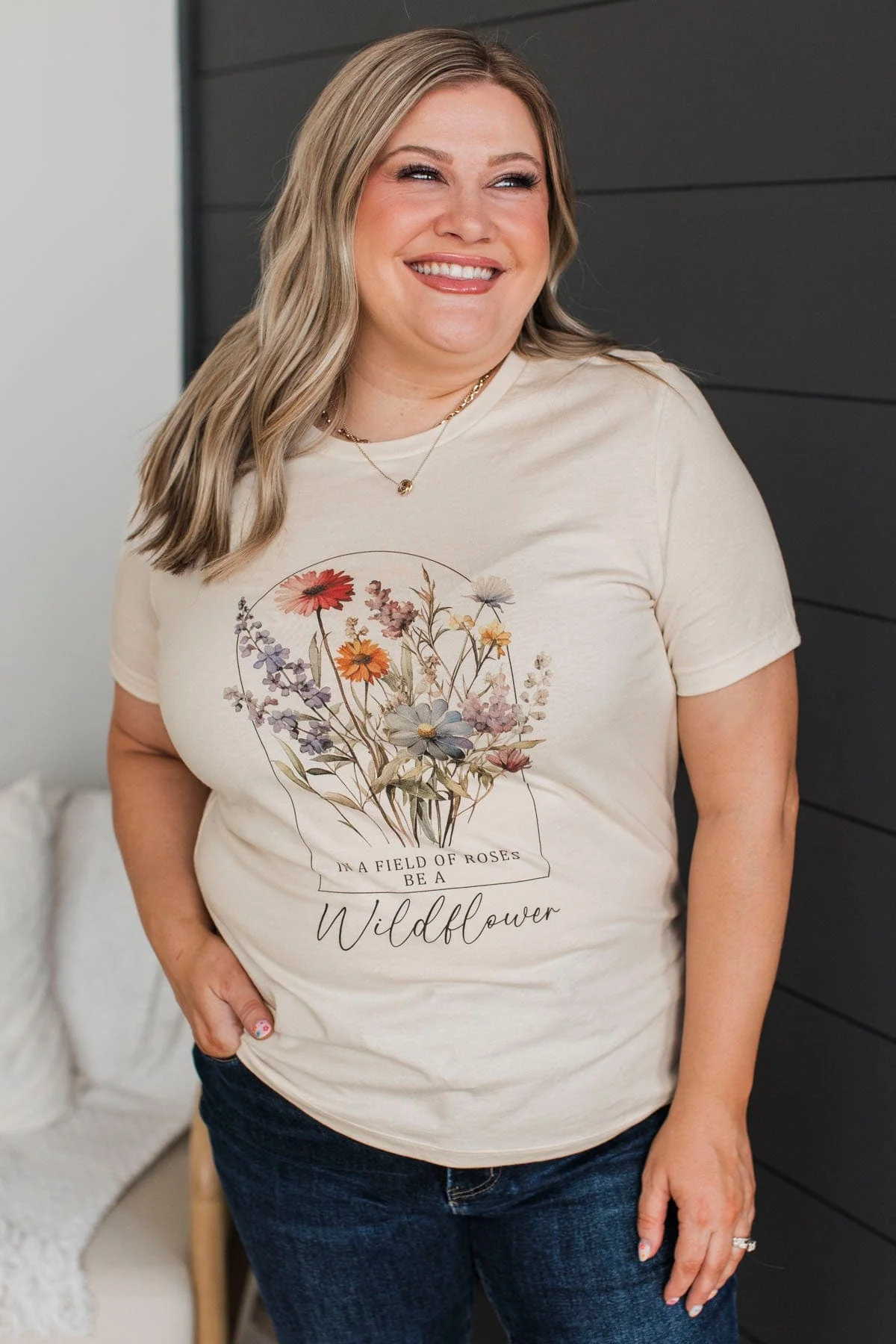 "In A Field Of Roses, Be A Wildflower" Graphic Tee- Natural