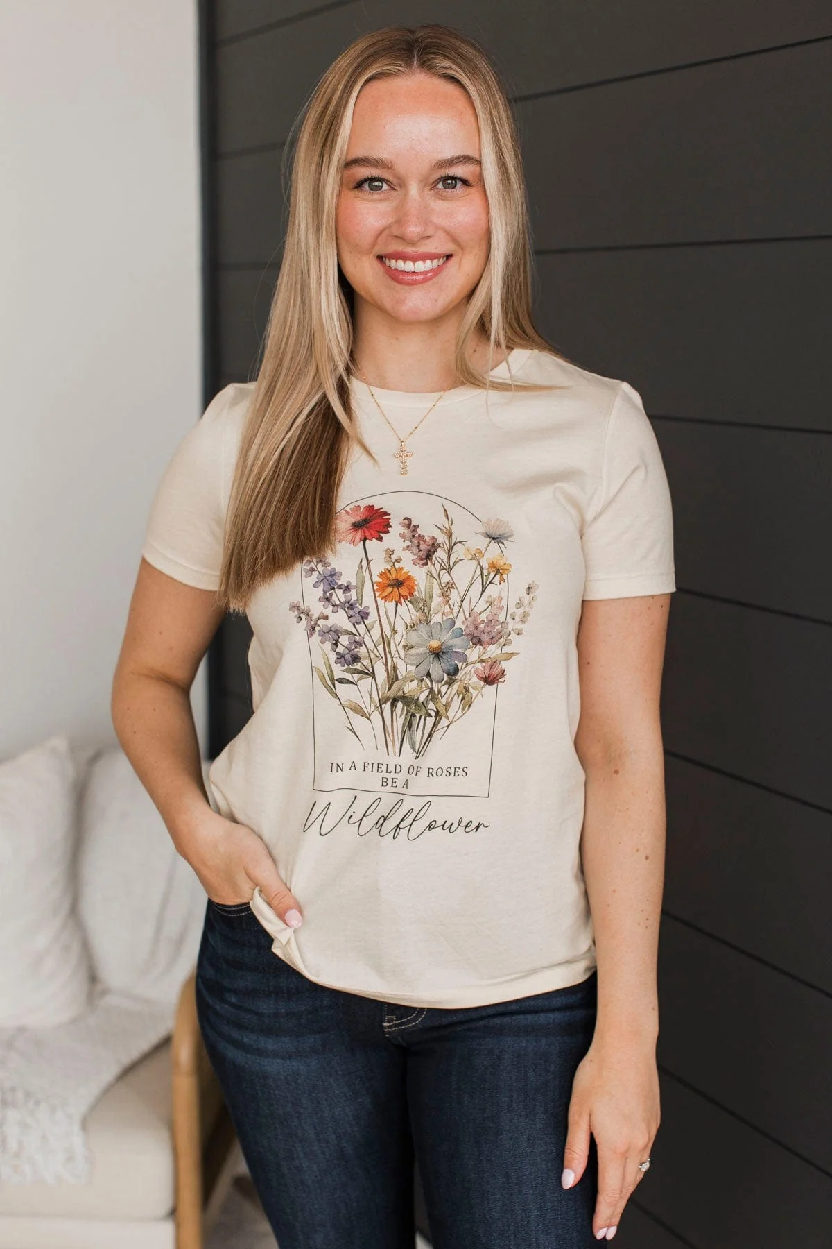 "In A Field Of Roses, Be A Wildflower" Graphic Tee- Natural - Image 2