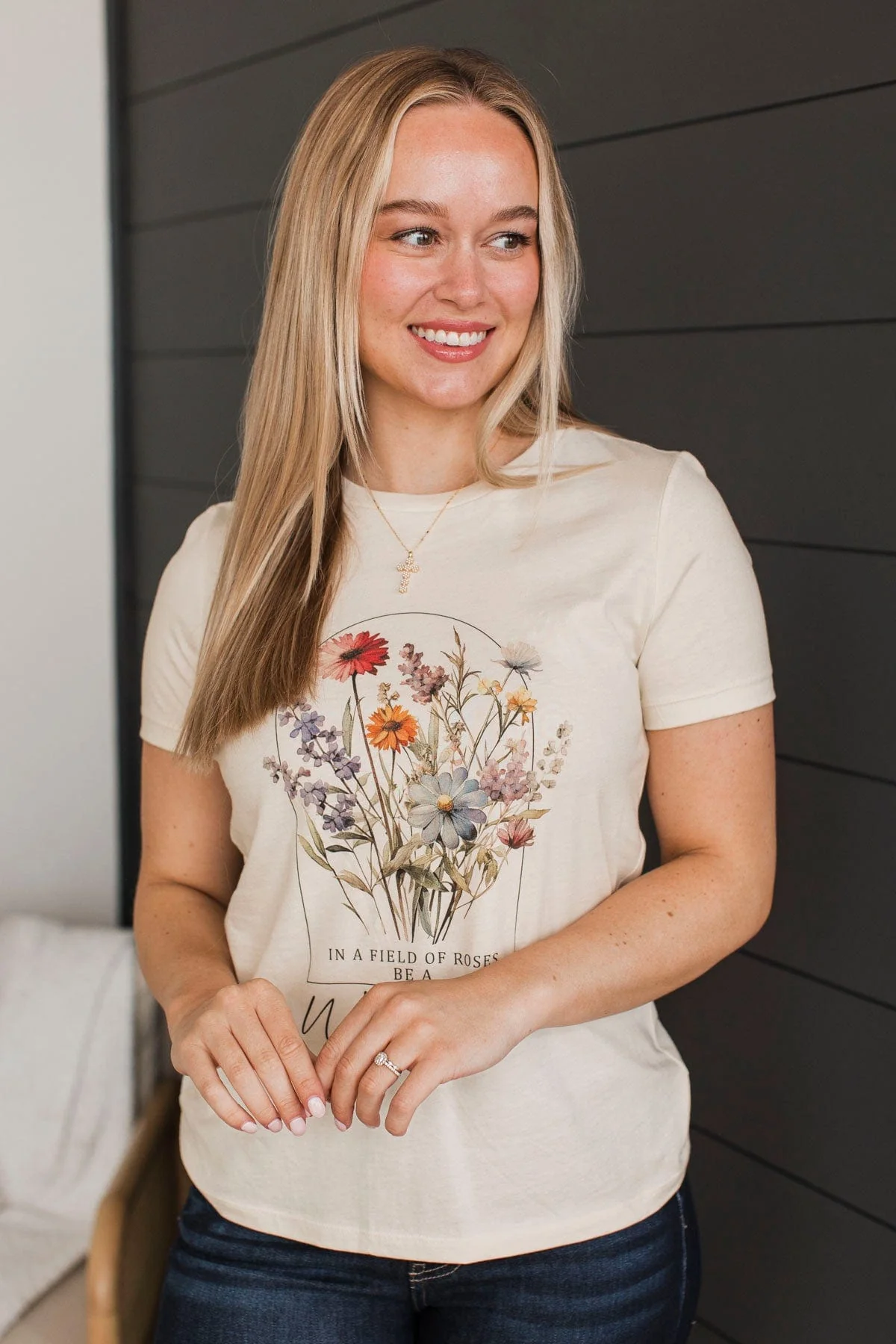 "In A Field Of Roses, Be A Wildflower" Graphic Tee- Natural - Image 4