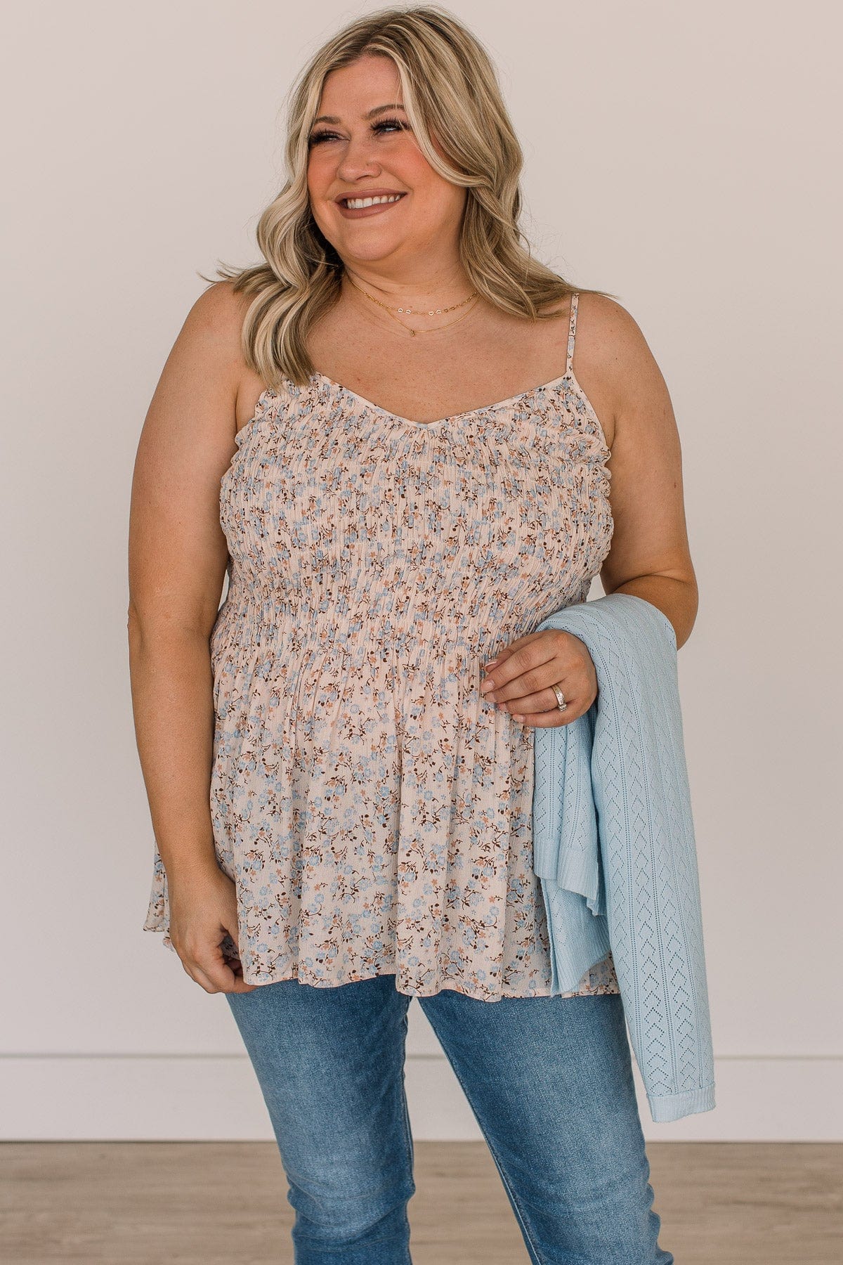 In A Minute Smocked Floral Tank Top- Pale Blush & Blue - Image 2