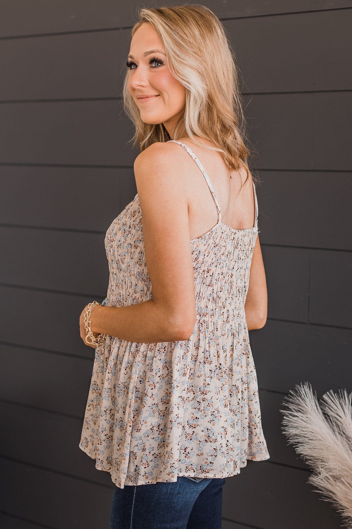 In A Minute Smocked Floral Tank Top- Pale Blush & Blue - Image 5