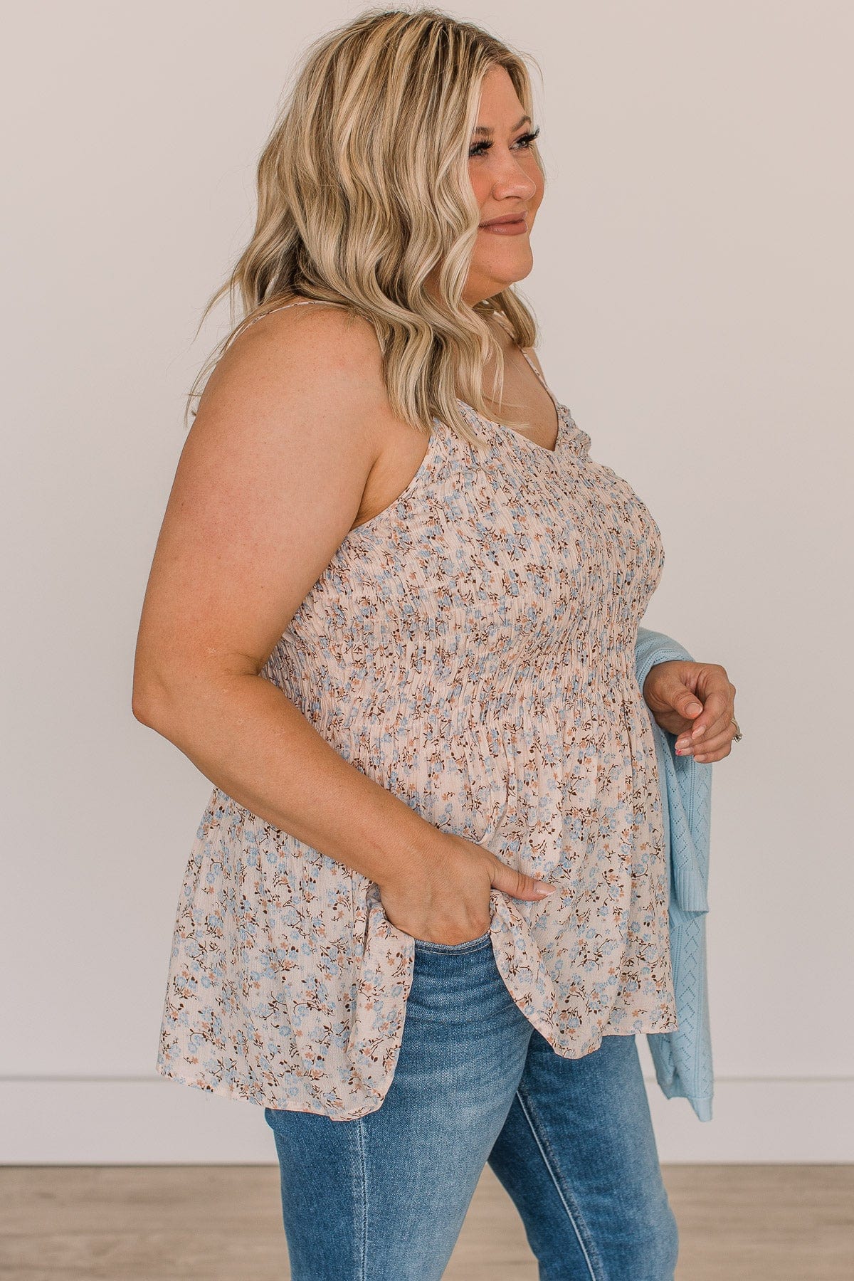 In A Minute Smocked Floral Tank Top- Pale Blush & Blue - Image 6