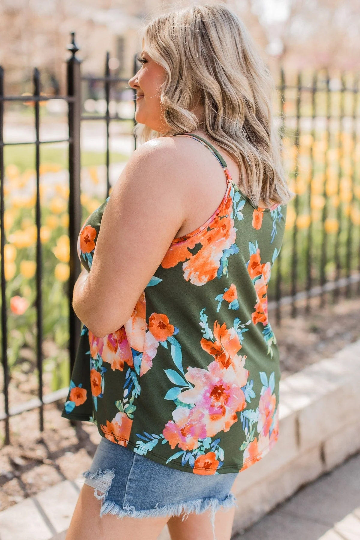 In A Perfect World Floral Tank Top- Dark Olive - Image 6