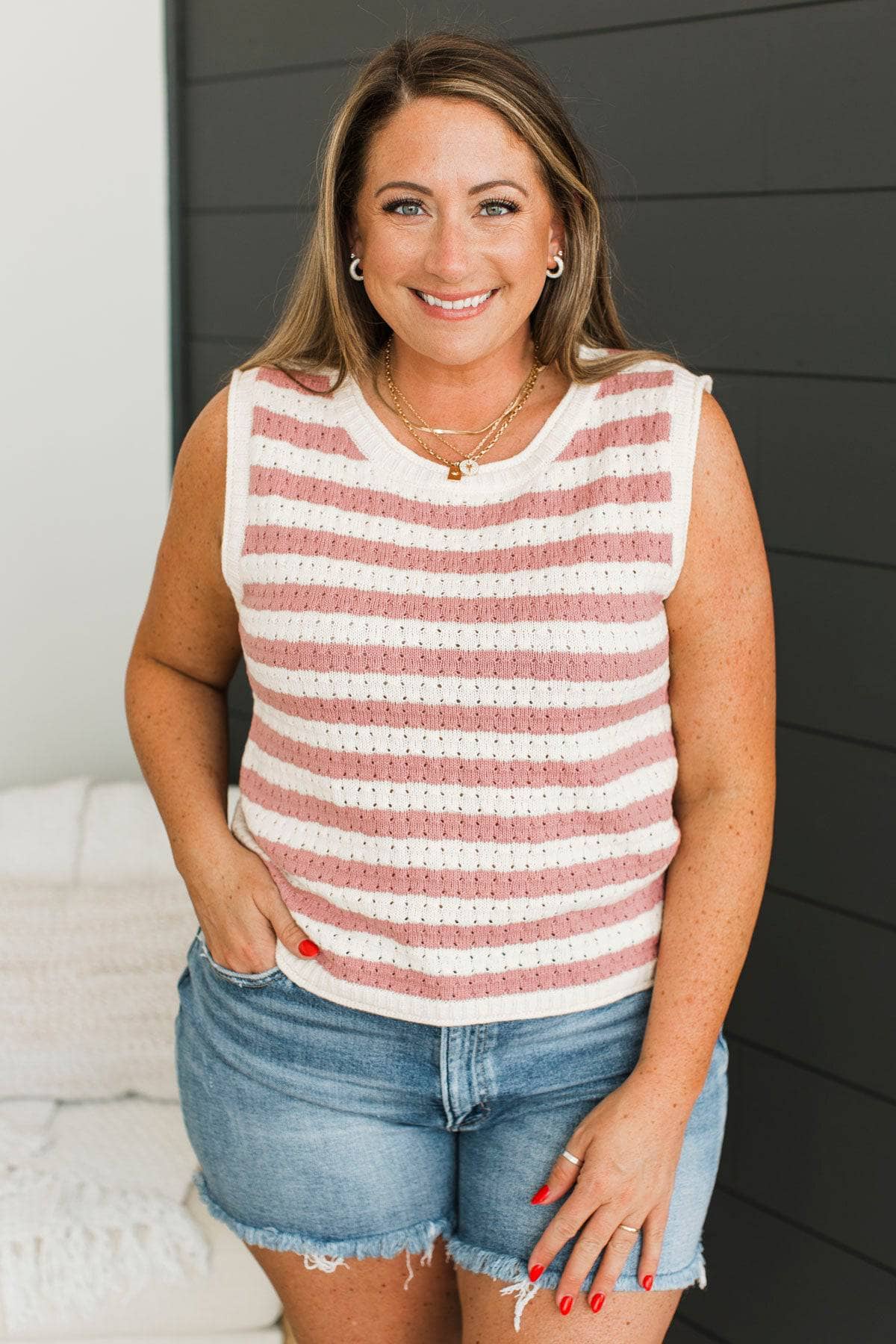 In Awhile Striped Sleeveless Knit Top- Cream & Dusty Pink - Image 4