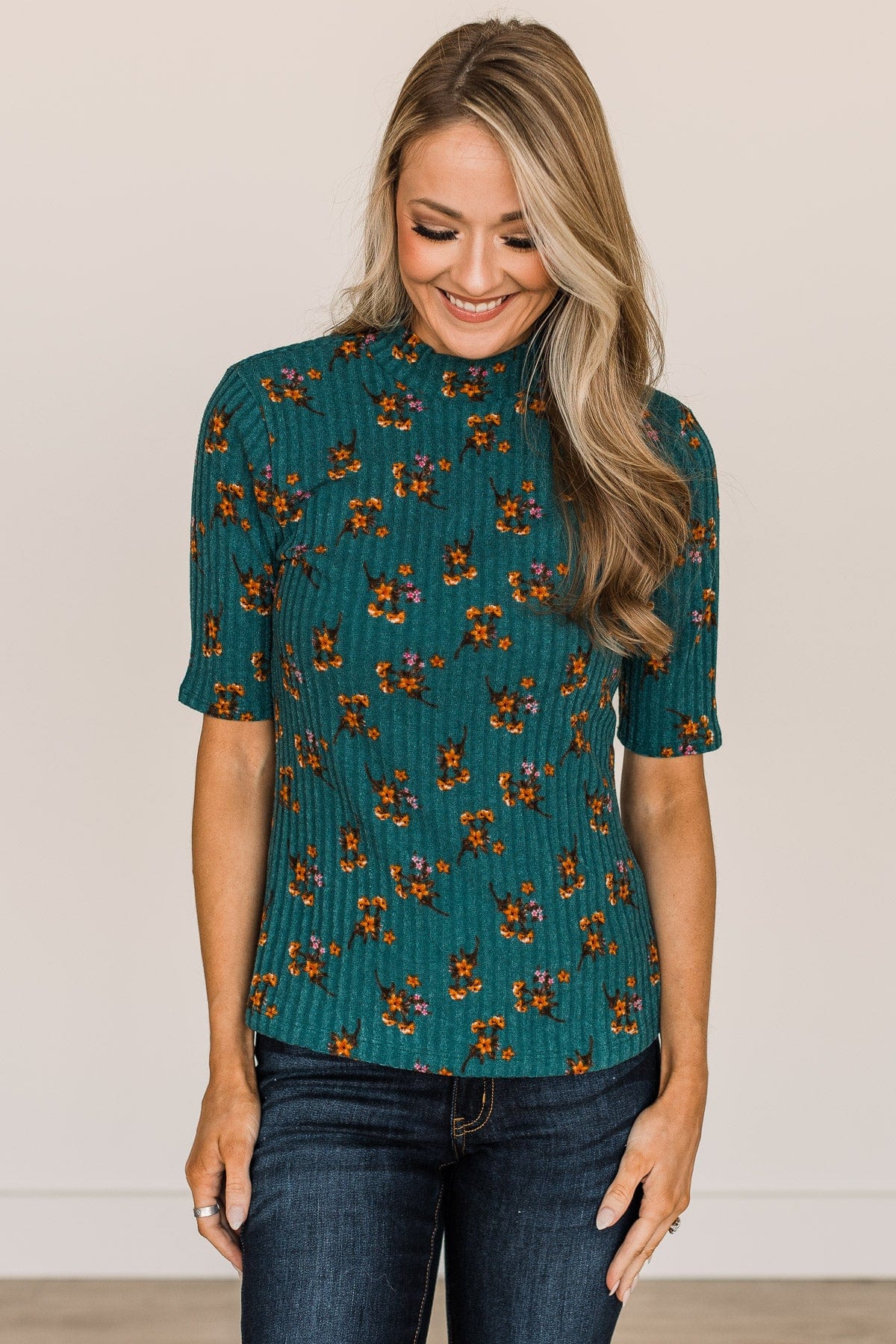 In Full Bloom Floral Knit Top- Teal - Image 3