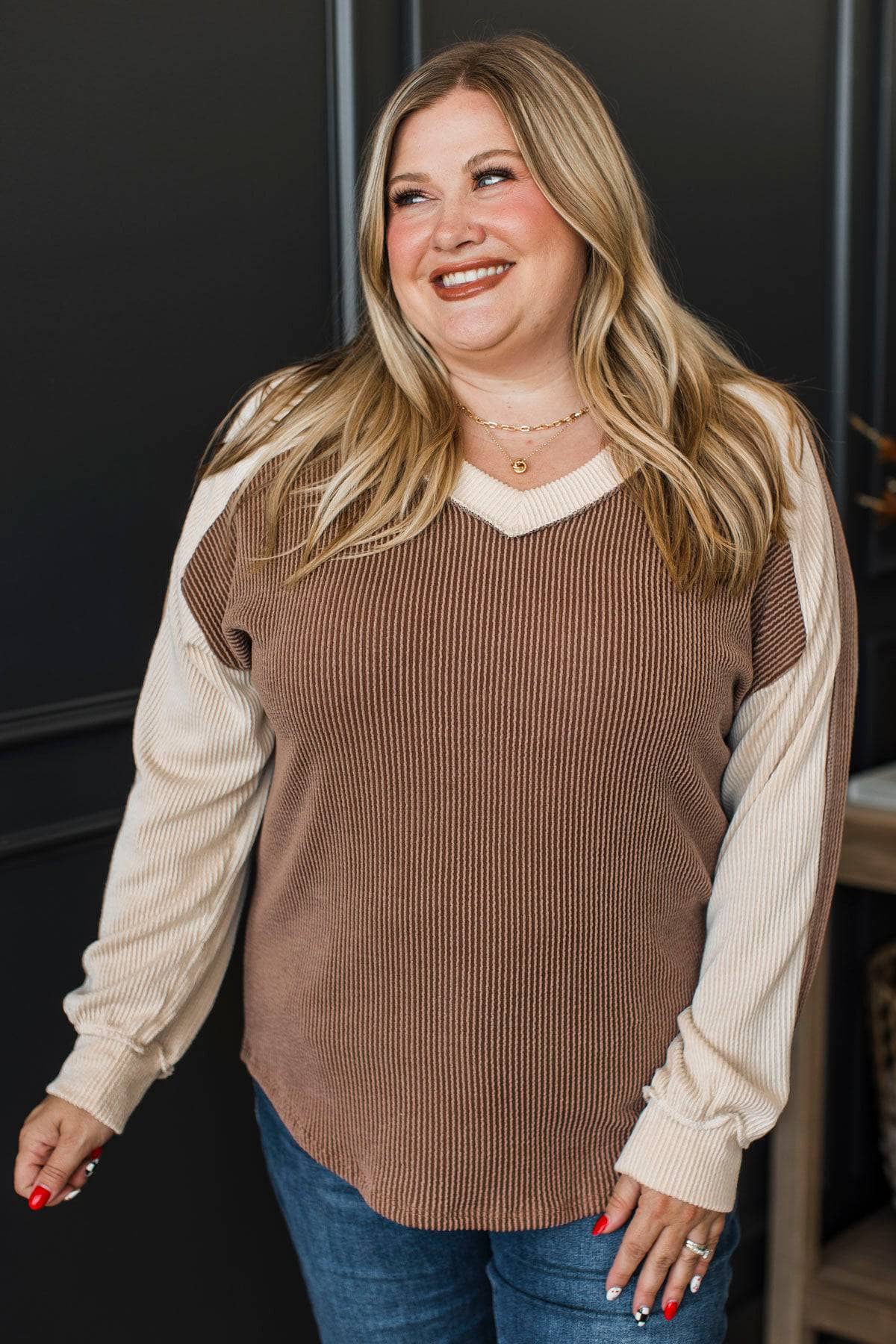 In Great Company Ribbed Color Block Top- Brown - Image 2