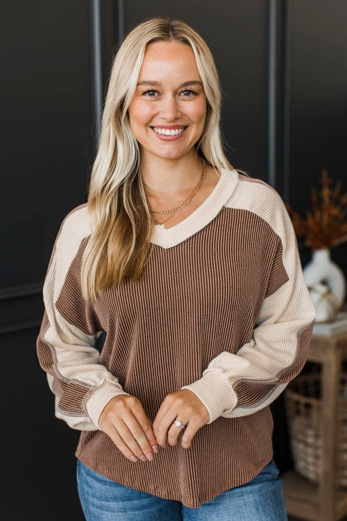 In Great Company Ribbed Color Block Top- Brown - Image 3