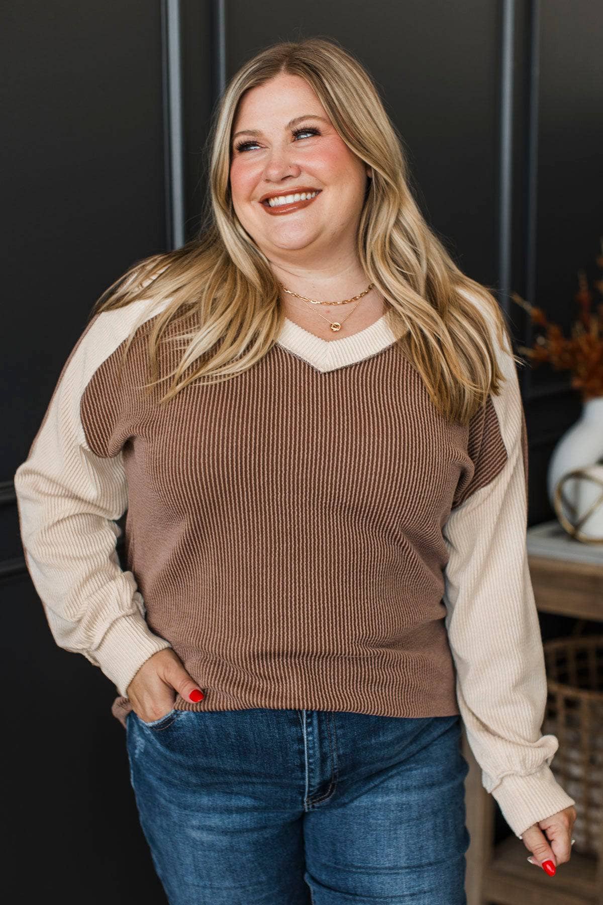 In Great Company Ribbed Color Block Top- Brown - Image 4