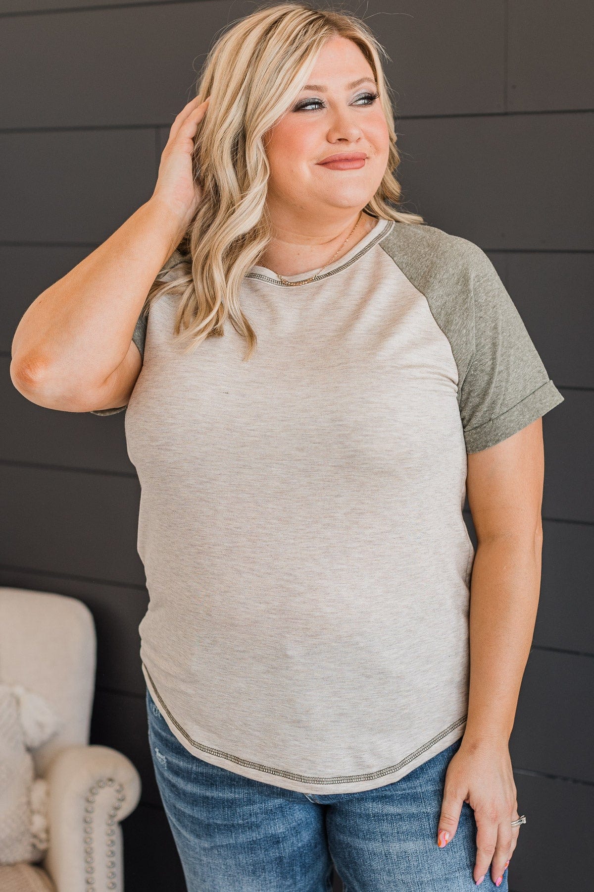 In My Favor Color Block Top- Oatmeal & Olive - Image 4