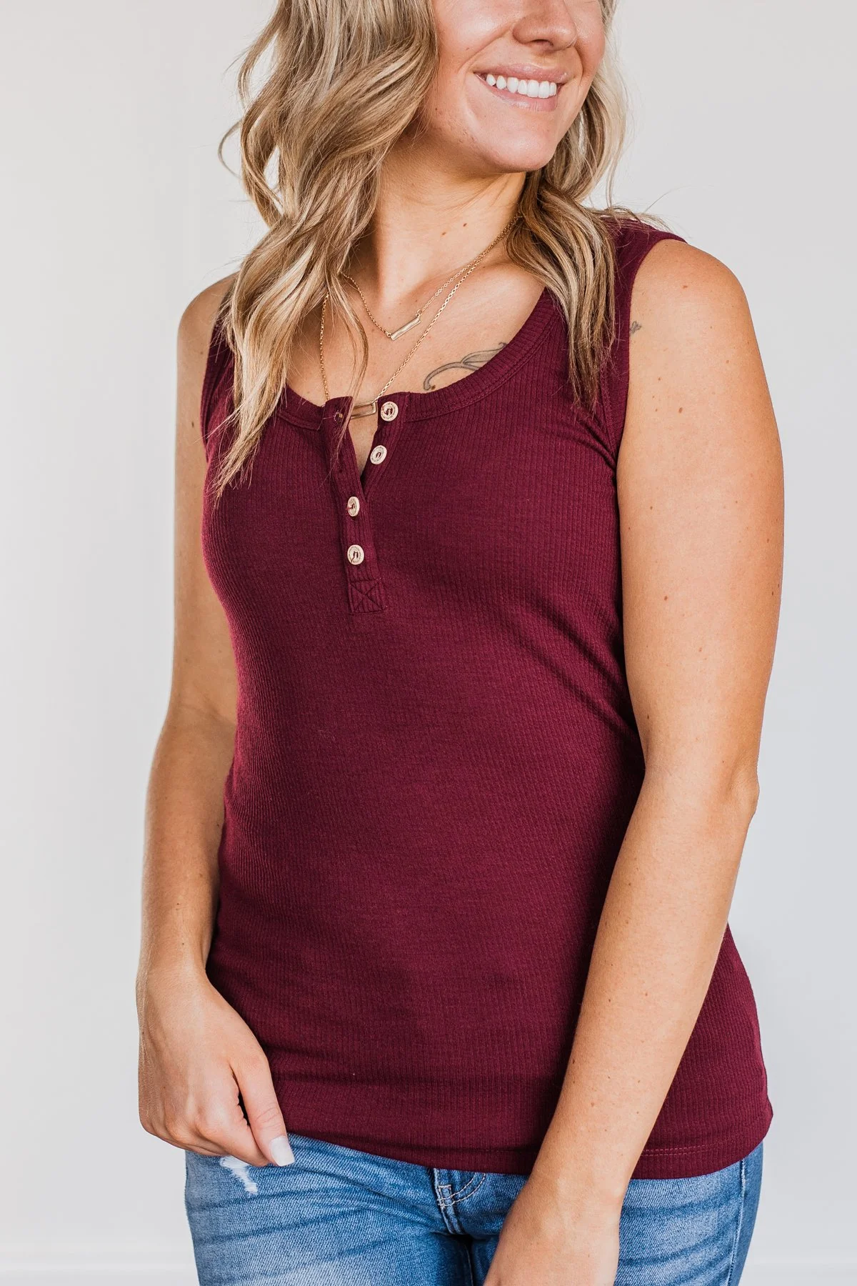 In My Feelings Henley Tank Top- Burgundy - Image 3