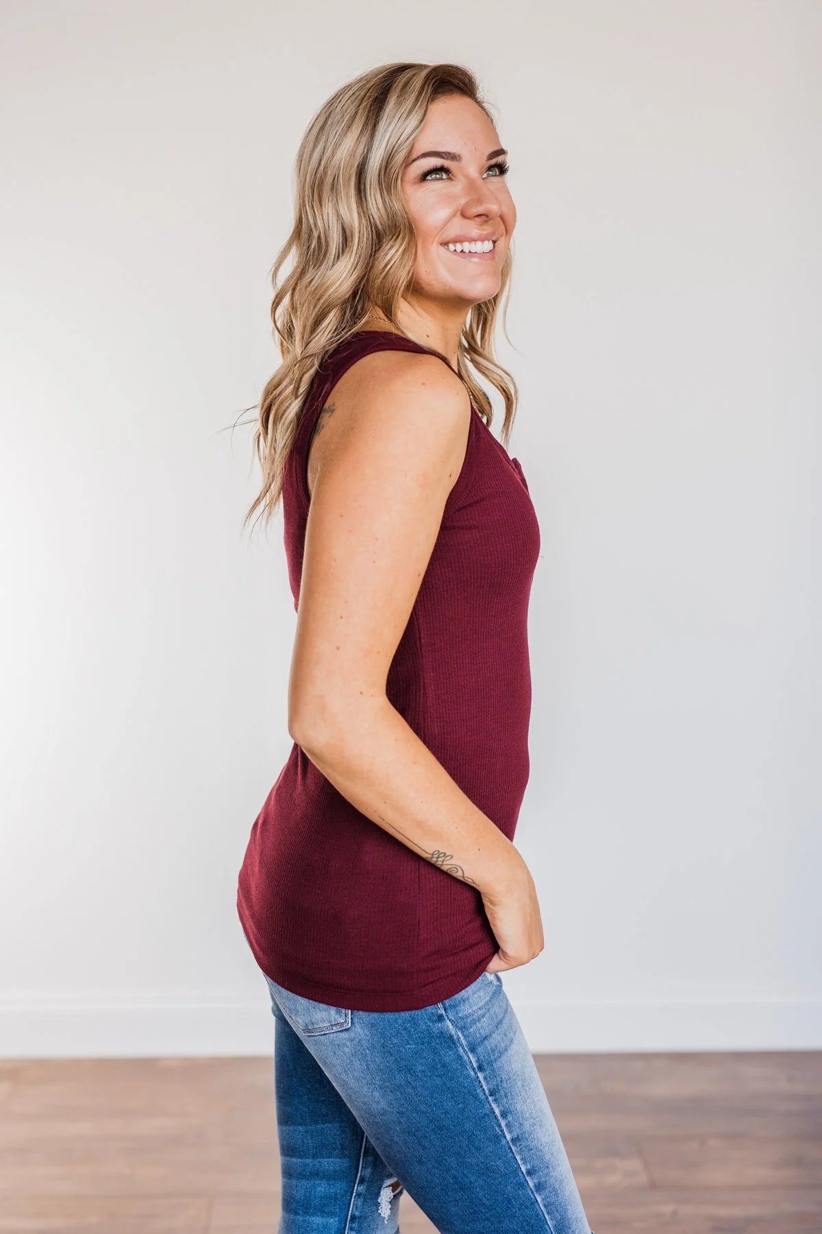 In My Feelings Henley Tank Top- Burgundy - Image 9