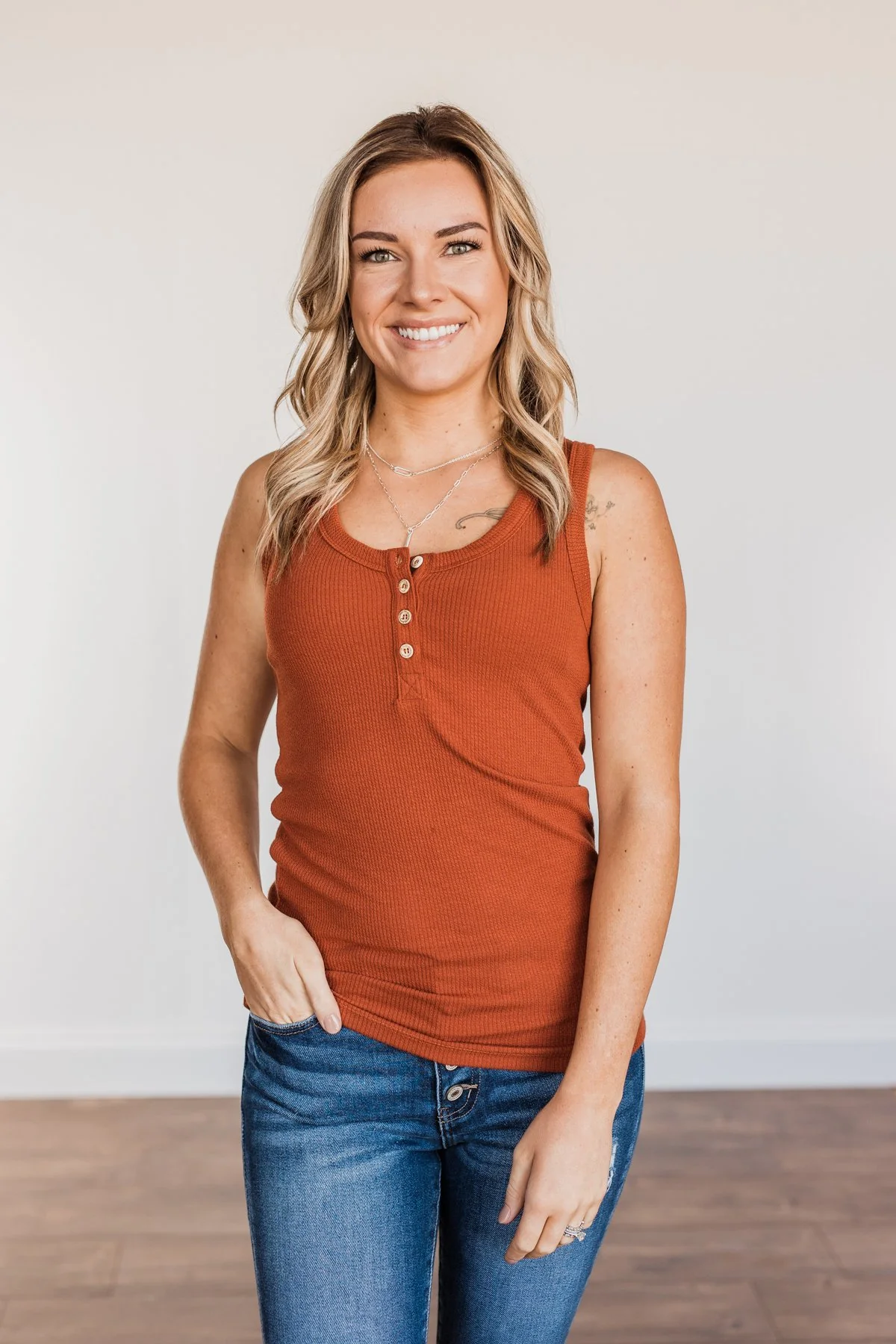 In My Feelings Henley Tank Top- Burnt Orange - Image 2