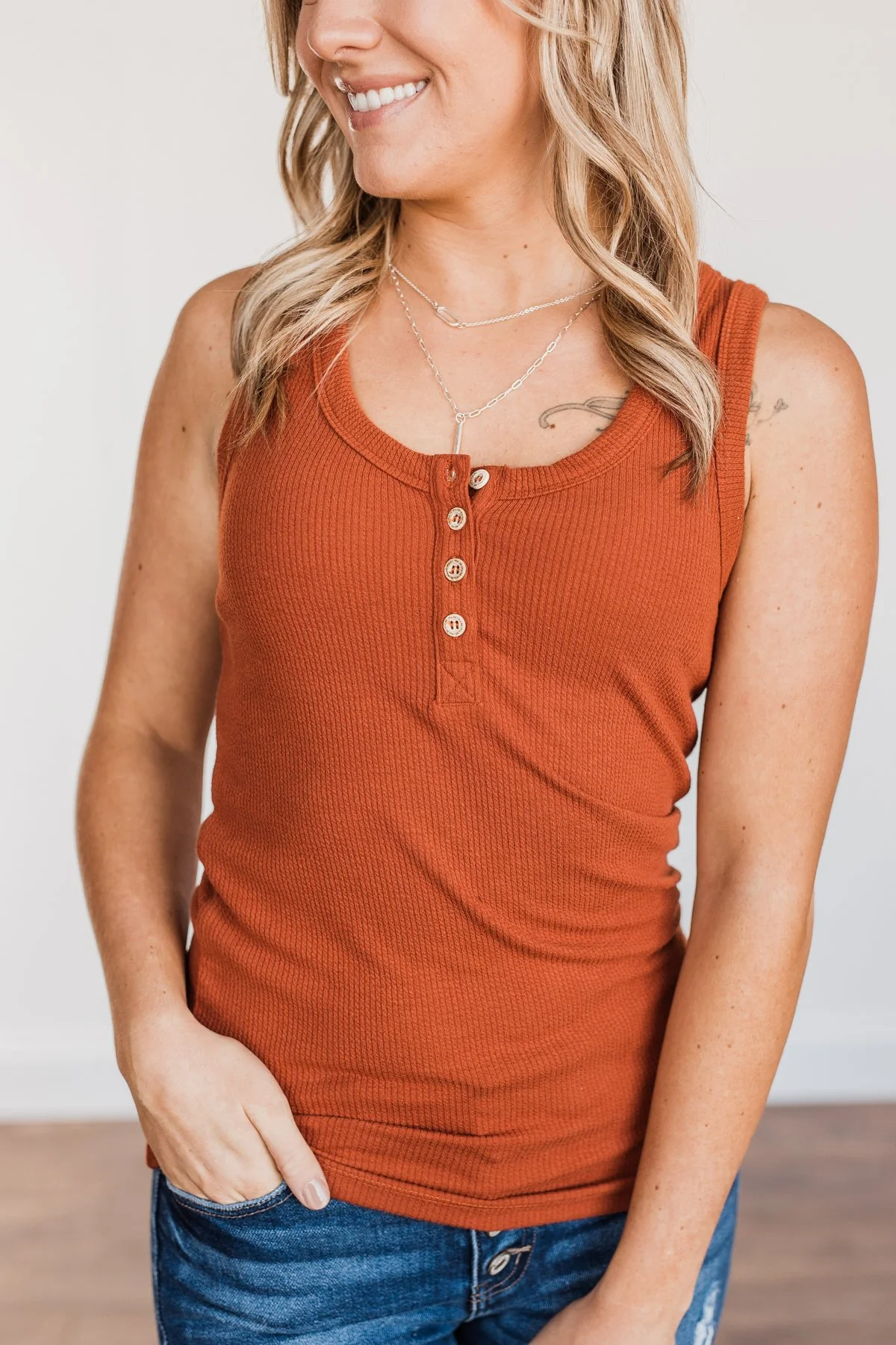 In My Feelings Henley Tank Top- Burnt Orange - Image 5