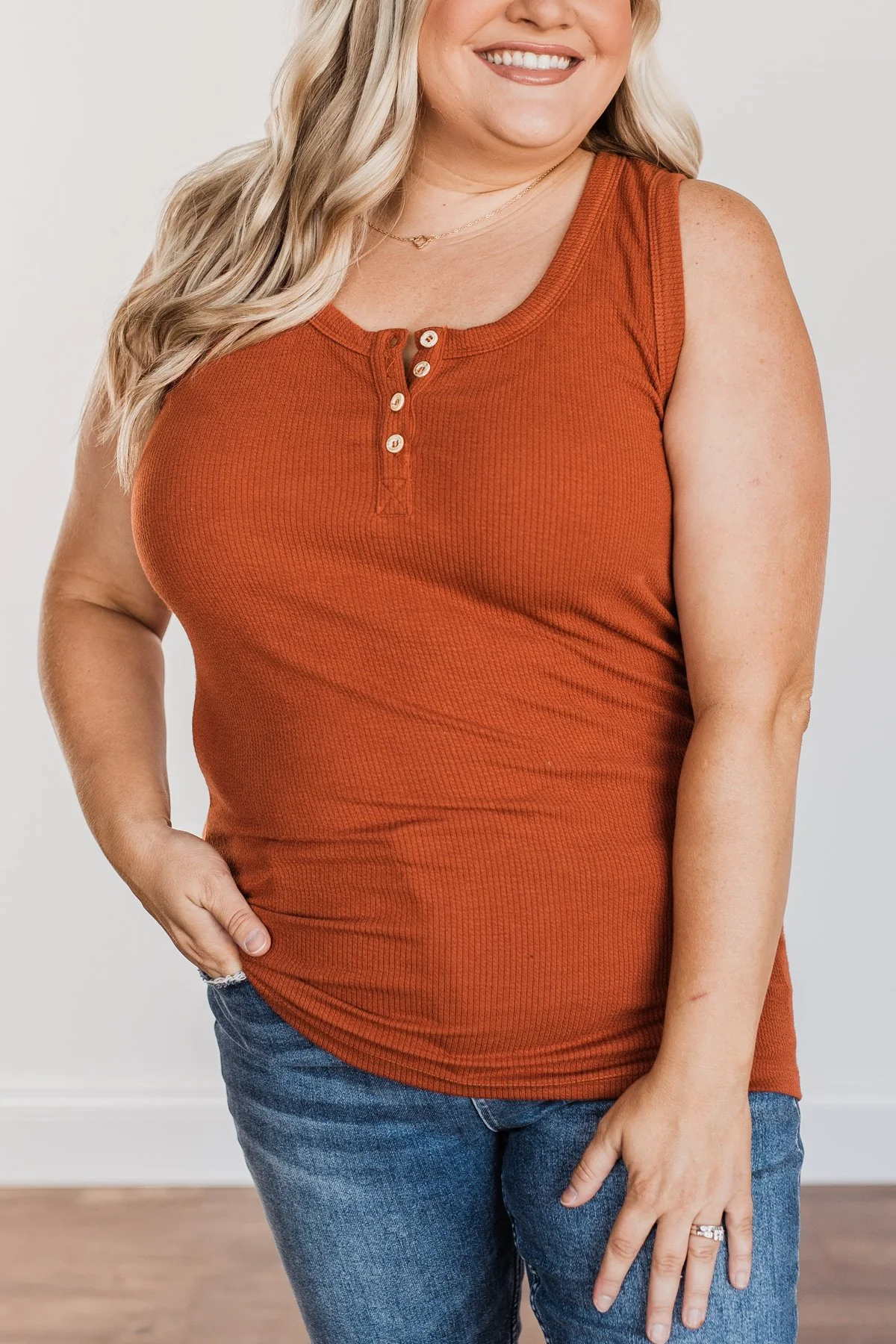 In My Feelings Henley Tank Top- Burnt Orange - Image 6