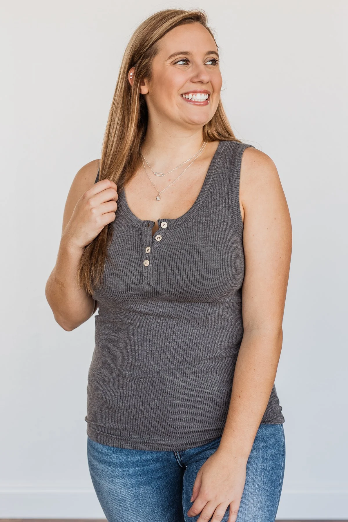 In My Feelings Henley Tank Top- Charcoal - Image 3