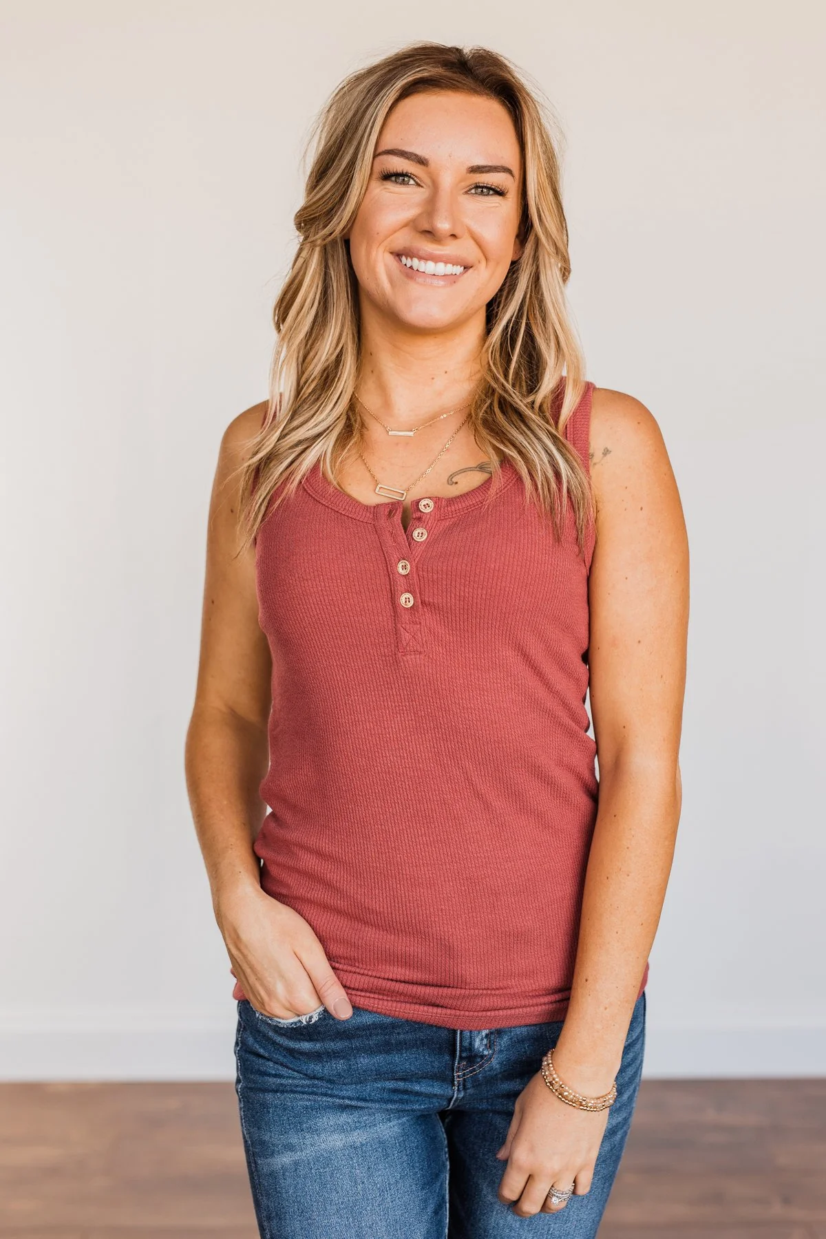 In My Feelings Henley Tank Top- Rust - Image 5
