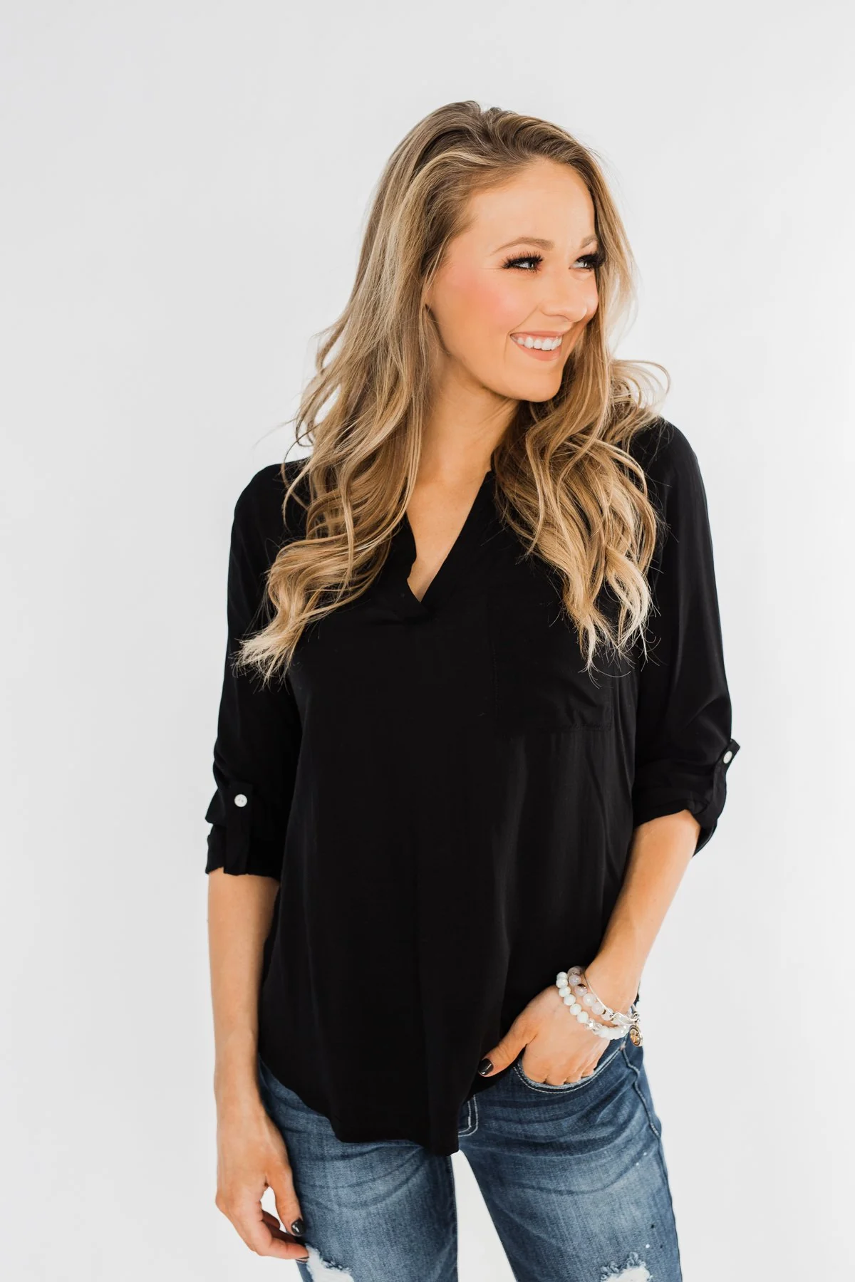In My Sight V-Neck Pocket Top- Black - Image 2