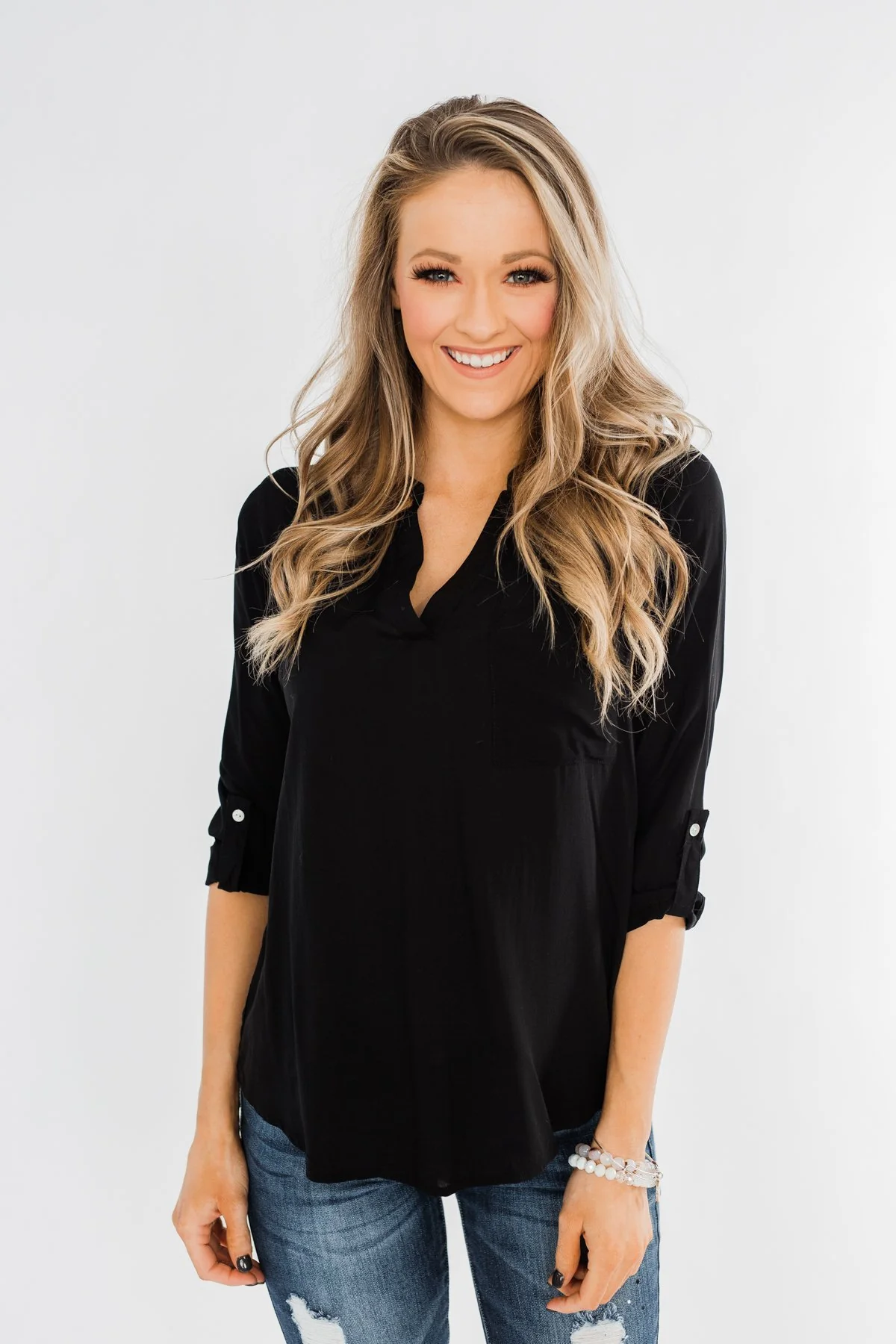 In My Sight V-Neck Pocket Top- Black - Image 3