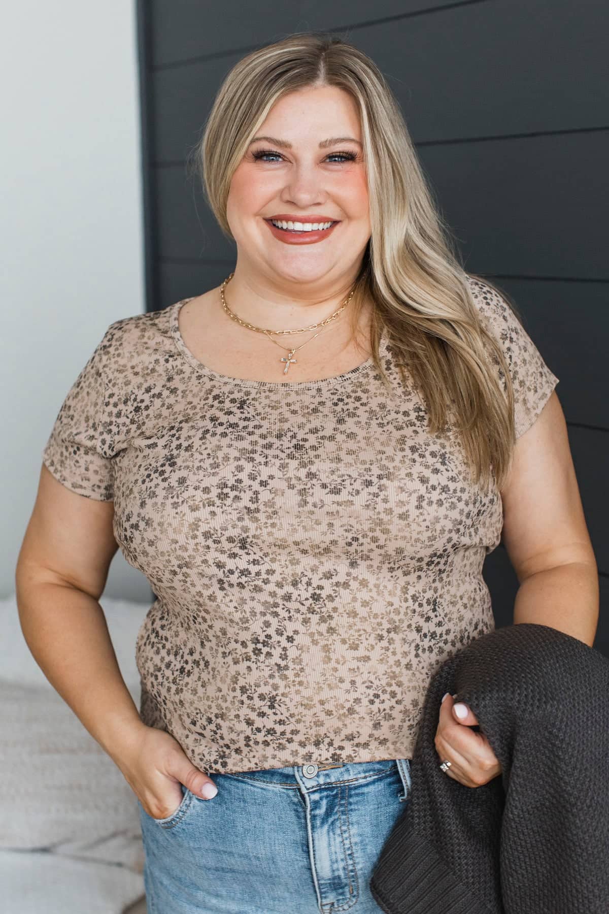 In Perfect Accord Ribbed Floral Top- Taupe