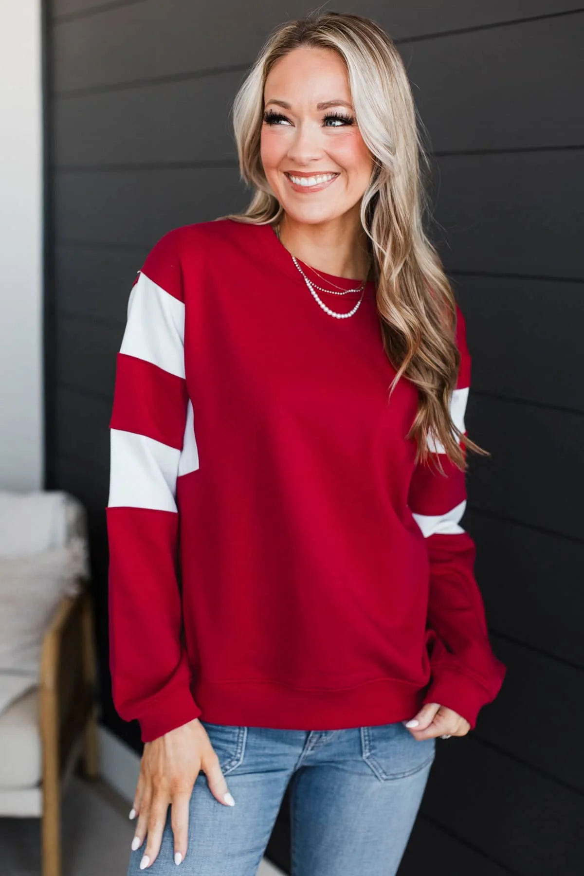 In The Game Varsity Color Block Pullover- Red